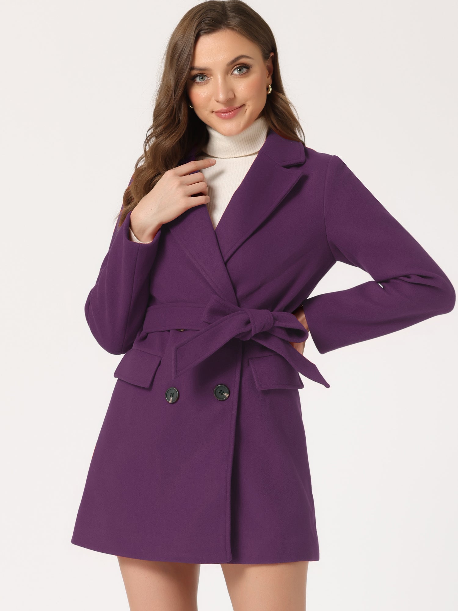 Notch Lapel Double Breasted Belted Mid Long Outwear Winter Coat