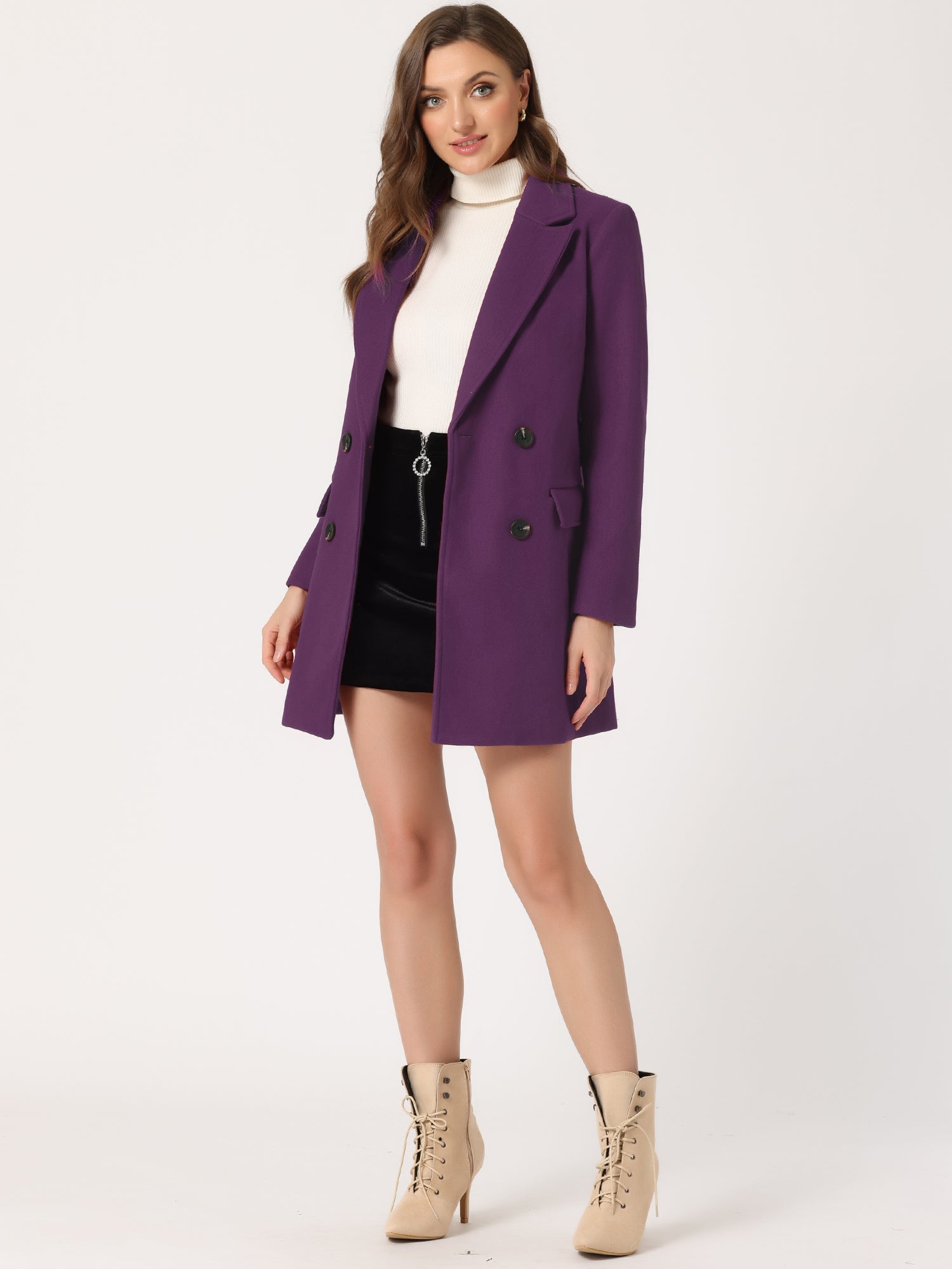 Notch Lapel Double Breasted Belted Mid Long Outwear Winter Coat