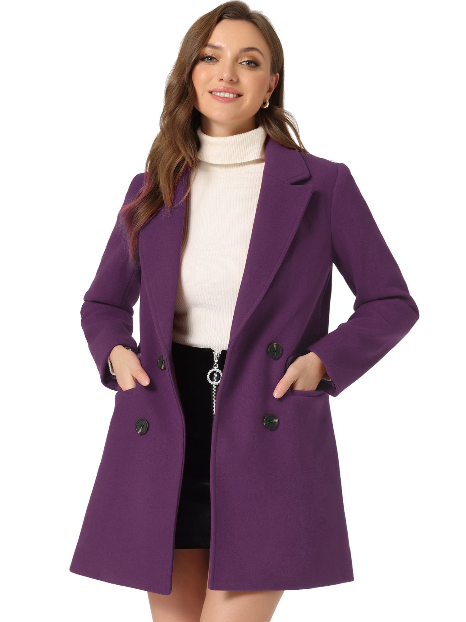 Notch Lapel Double Breasted Belted Mid Long Outwear Winter Coat