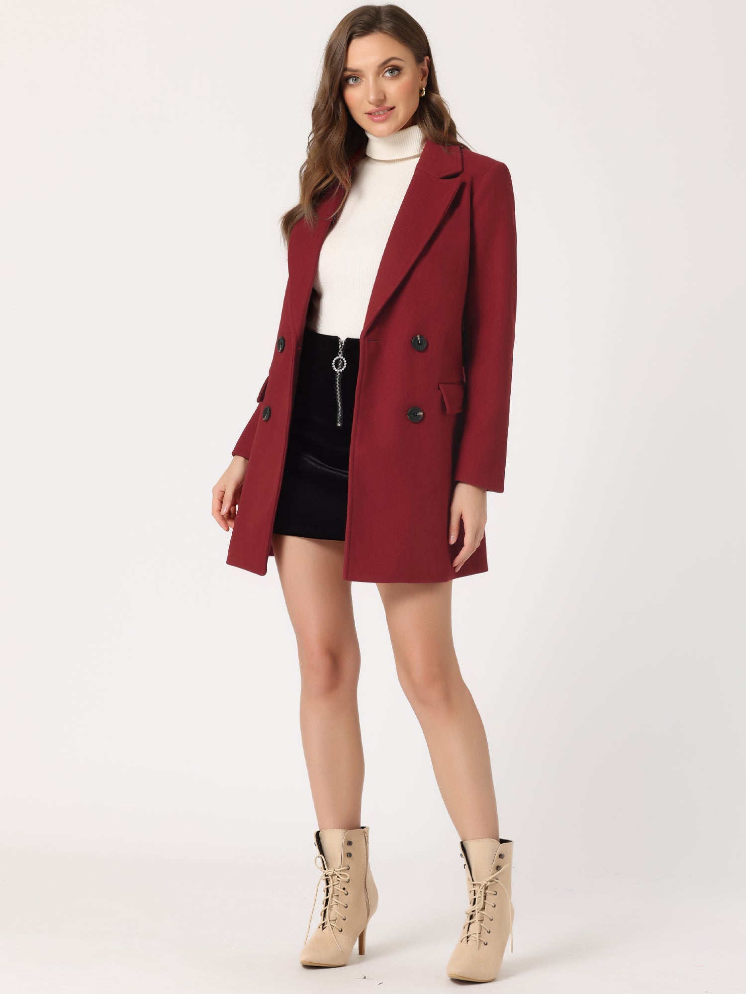 Notch Lapel Double Breasted Belted Mid Long Outwear Winter Coat