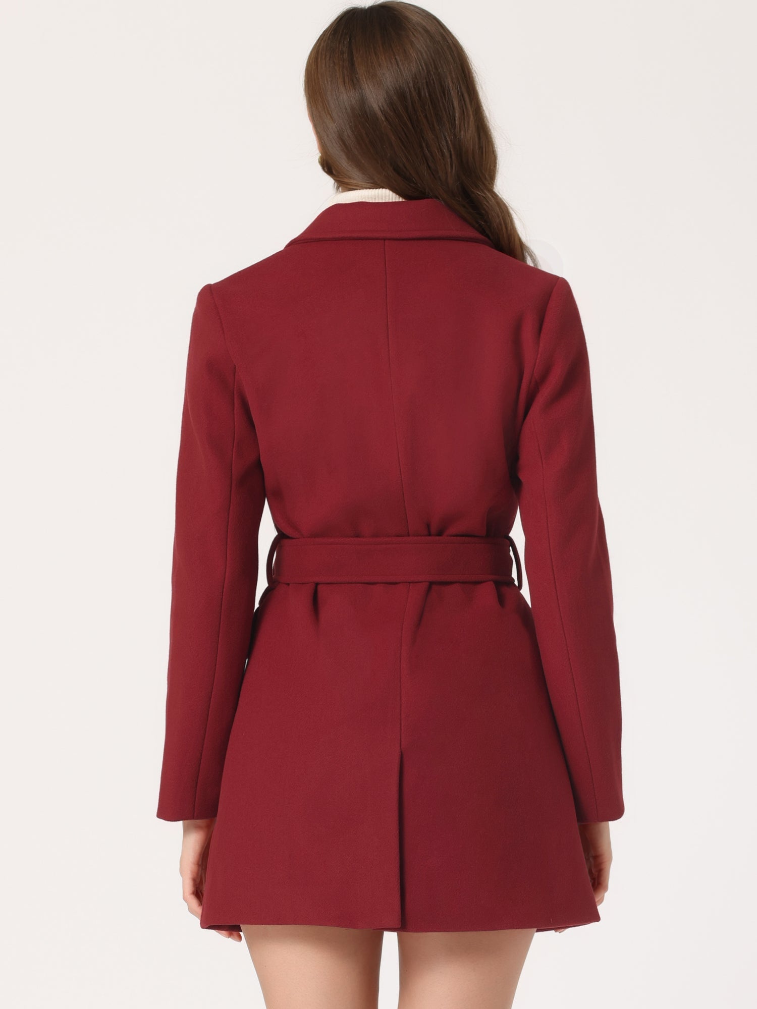 Notch Lapel Double Breasted Belted Mid Long Outwear Winter Coat