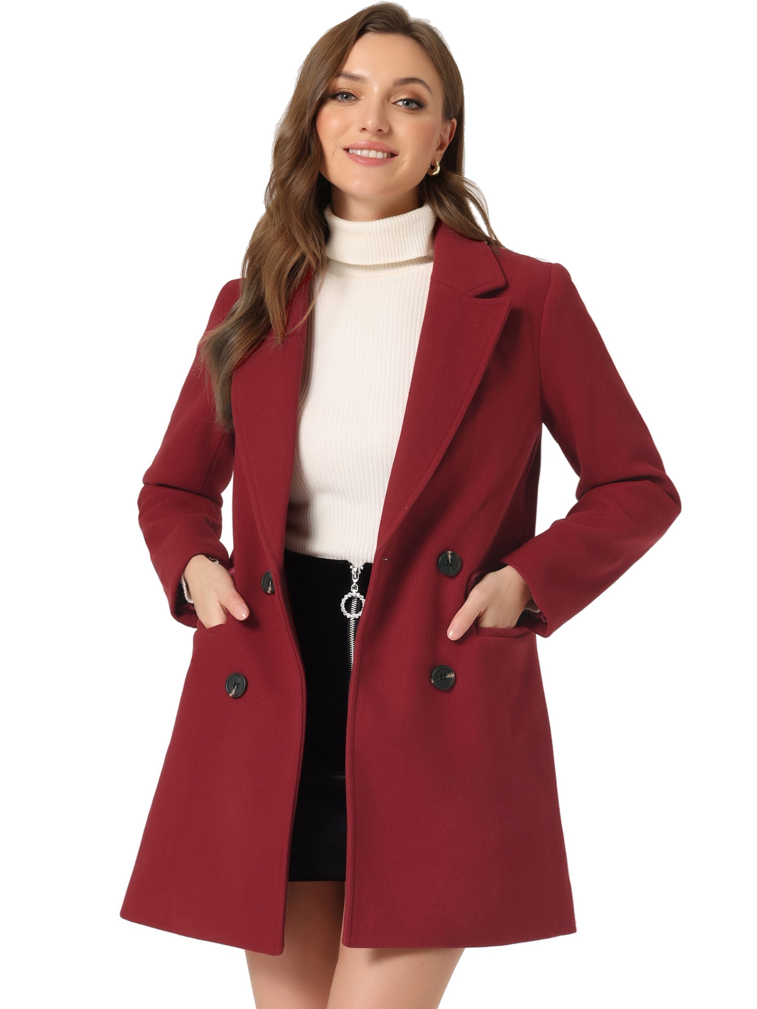 Notch Lapel Double Breasted Belted Mid Long Outwear Winter Coat