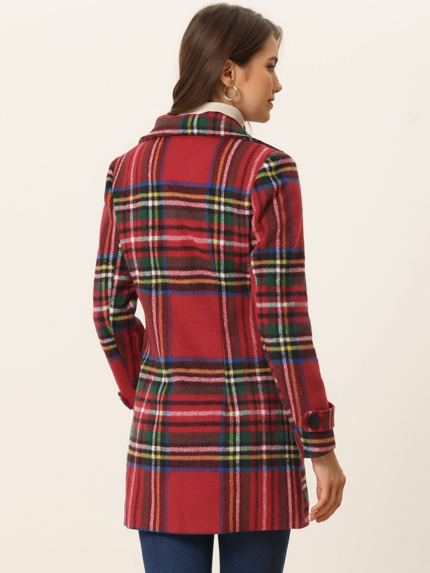 Buffalo Checks Double Breasted Notched Lapel Plaid Trench Pea Coat