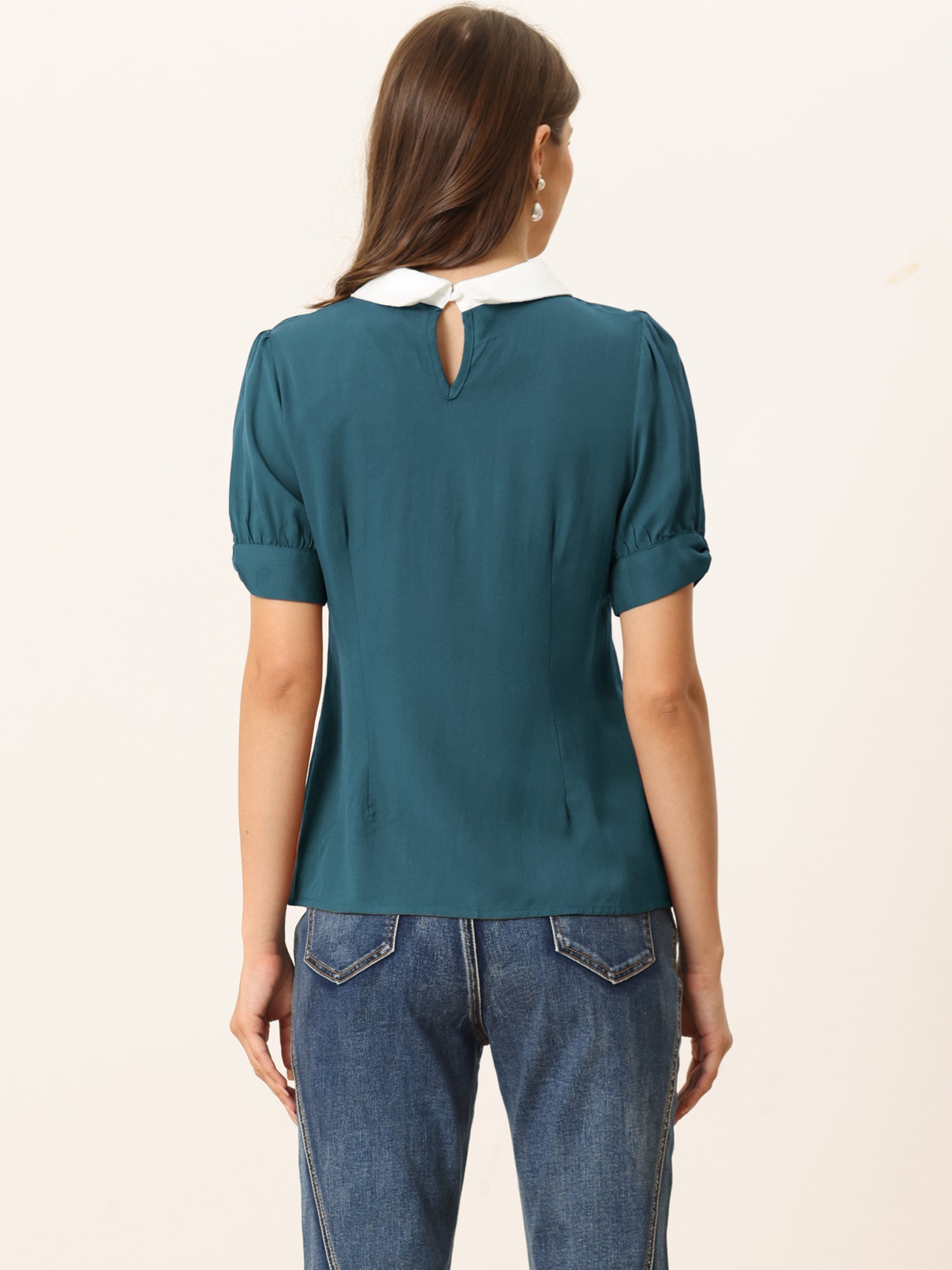 Pleated Contrast Peter Pan Collar Puff Short Sleeve Blouse