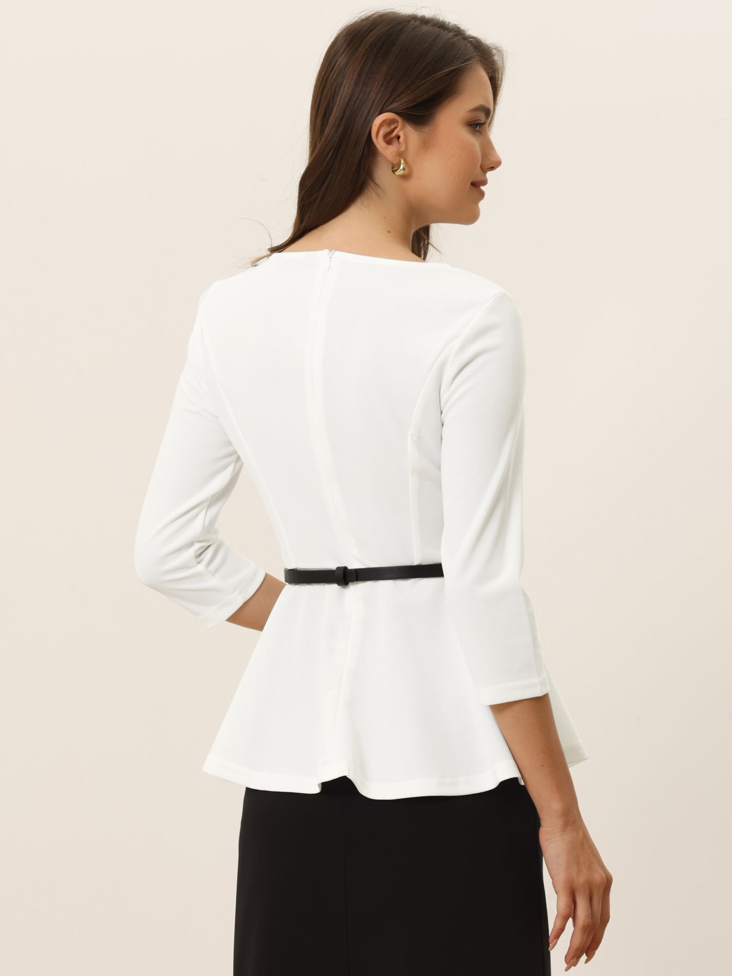 3/4 Sleeve Belted Peplum Elegant Business Work Blouse