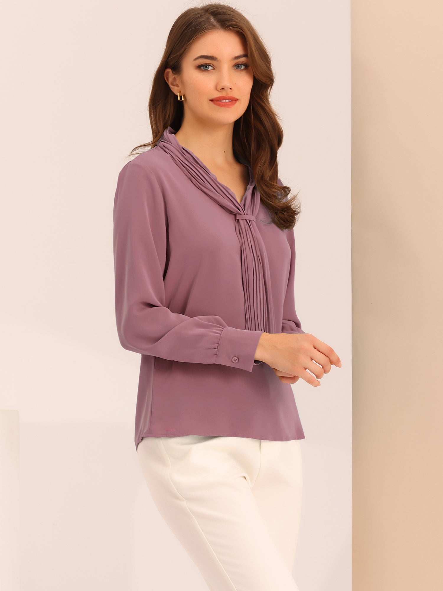 Long Sleeve Chiffon Pleated Tie Neck Office Blouse