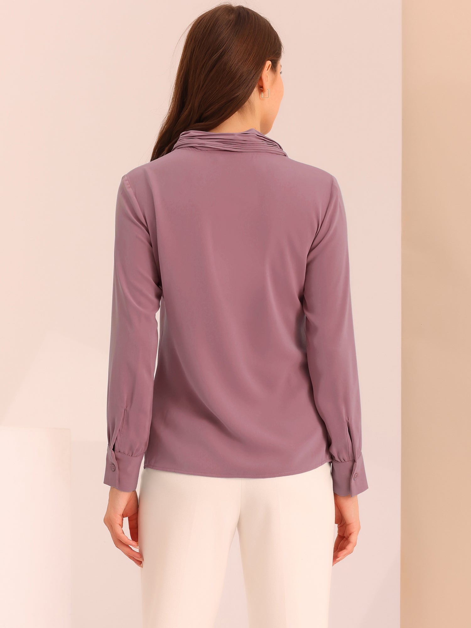 Long Sleeve Chiffon Pleated Tie Neck Office Blouse