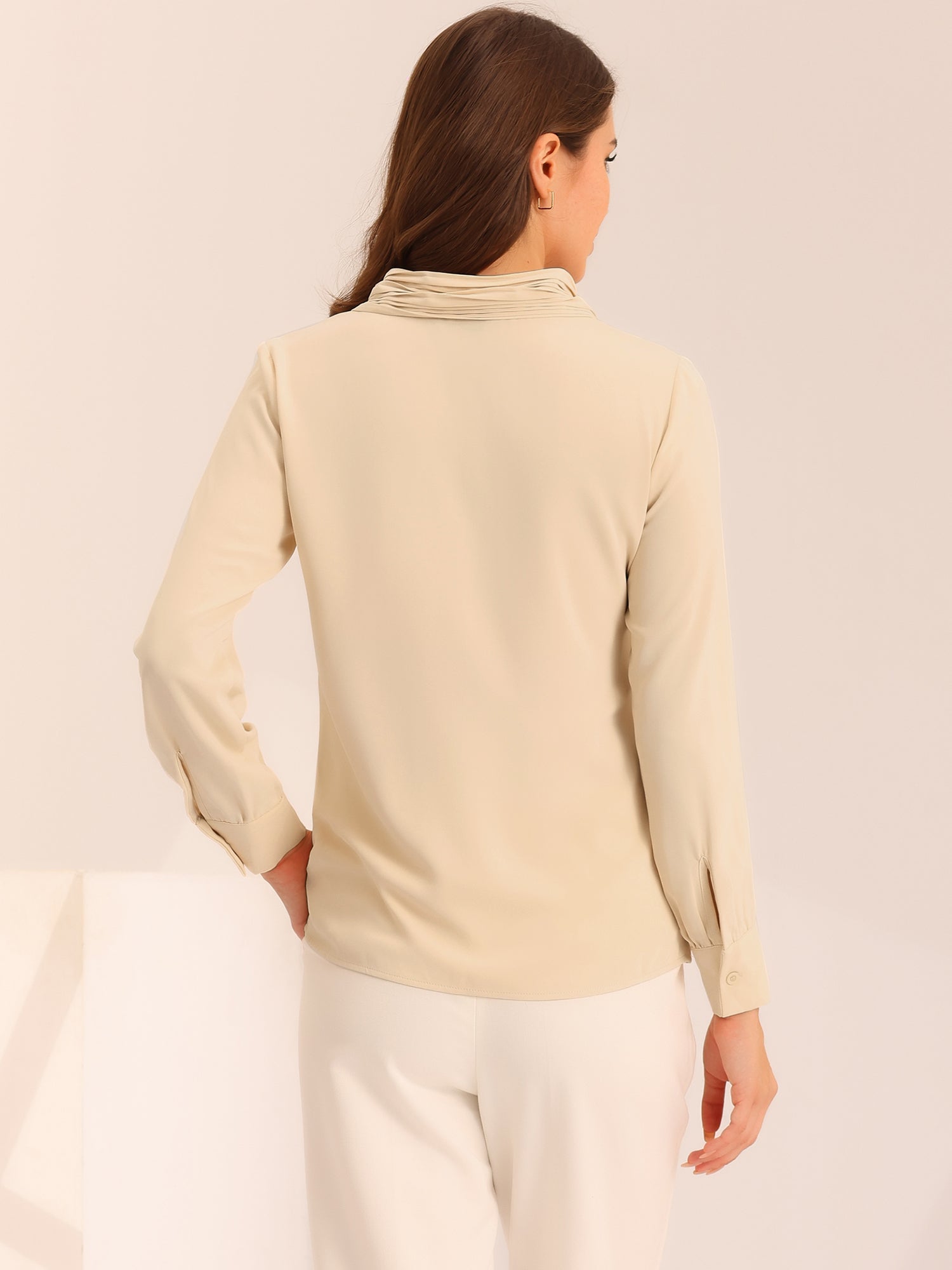 Long Sleeve Chiffon Pleated Tie Neck Office Blouse