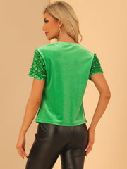 Glitter Sequin Velvet Crew Neck Short Sleeve Party Clubwear Blouse
