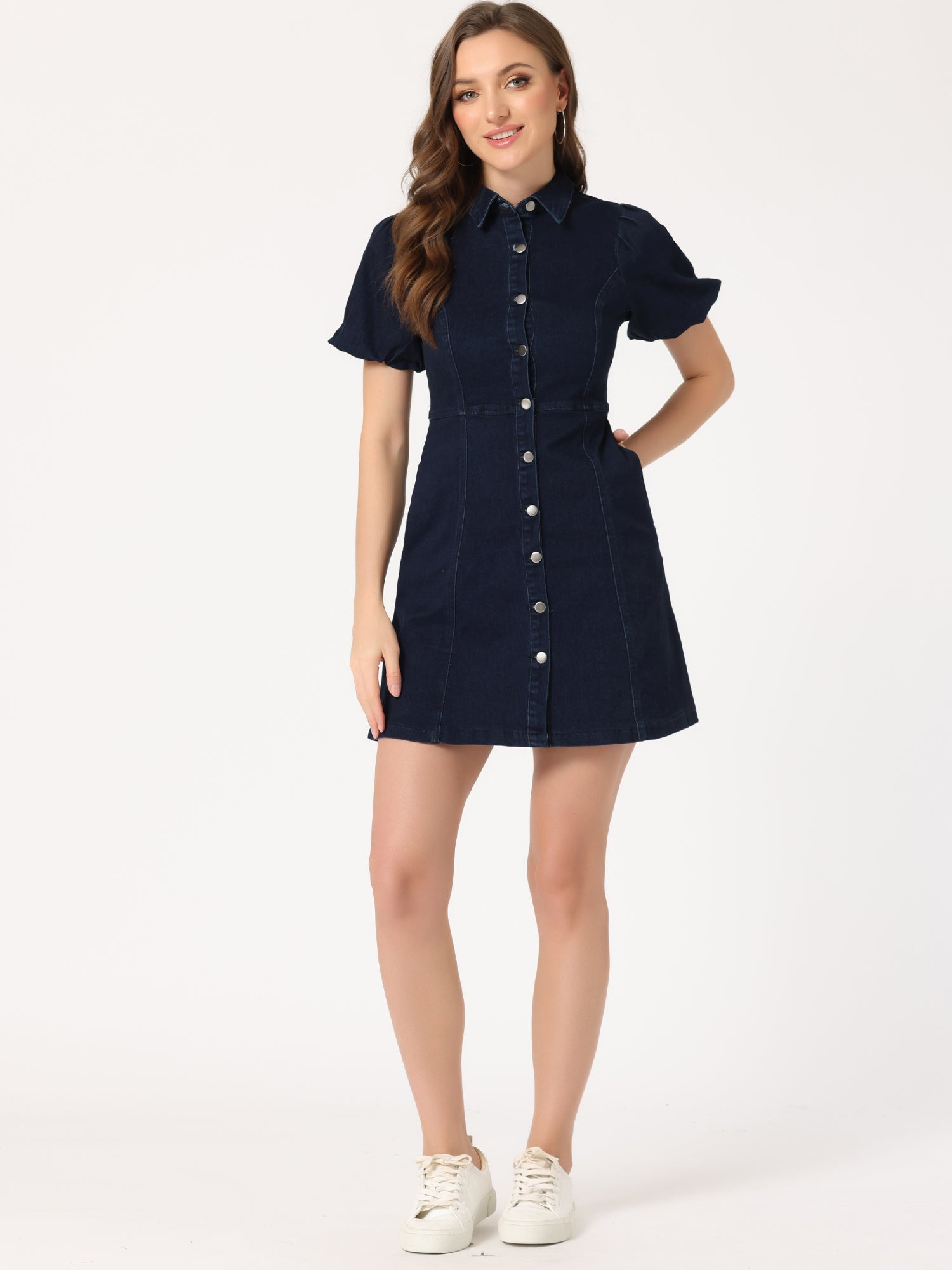 Denim Puff Short Sleeve Collared Button Down Mini Dress