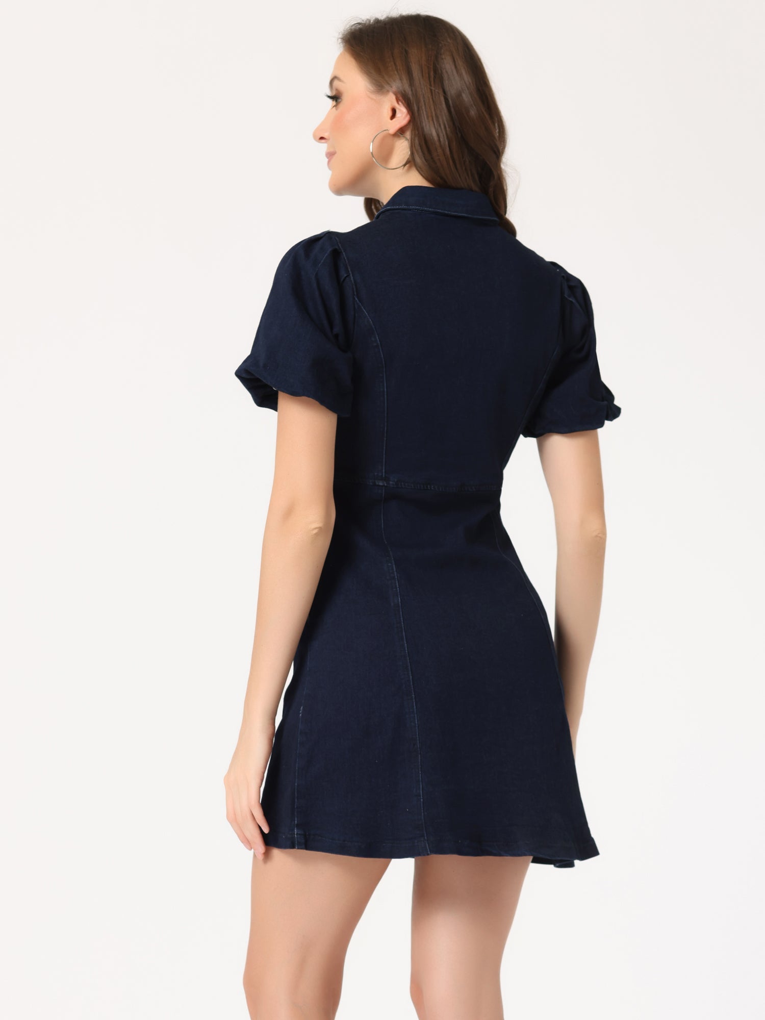 Denim Puff Short Sleeve Collared Button Down Mini Dress