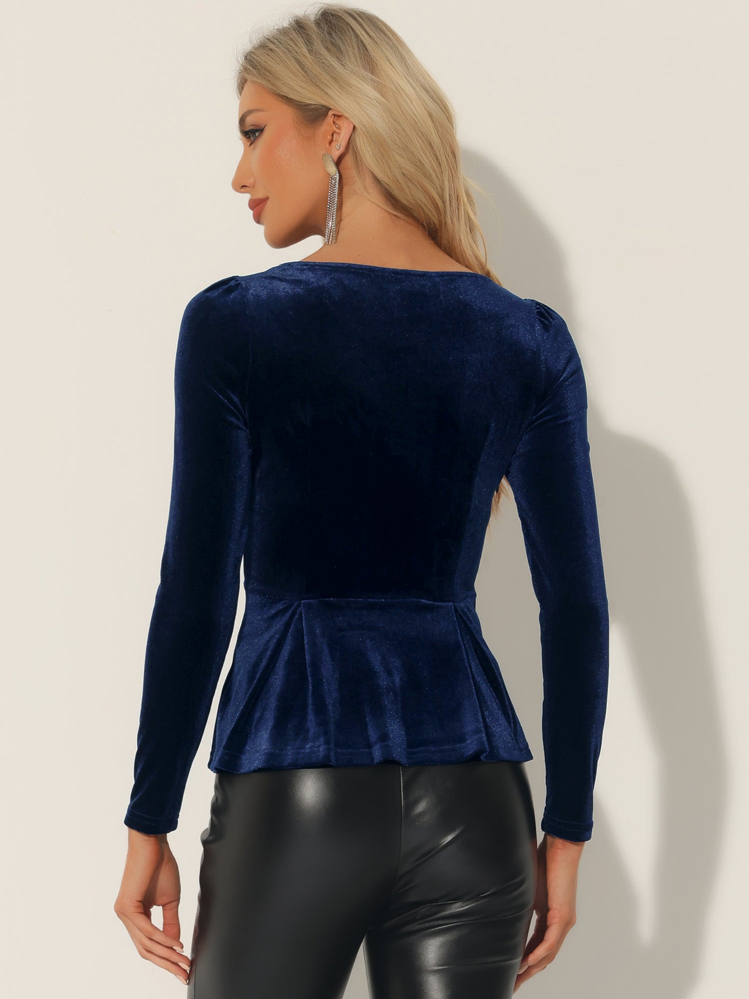 Velvet Blouse Elegant Sweetheart Neck Long Sleeve Peplum Top