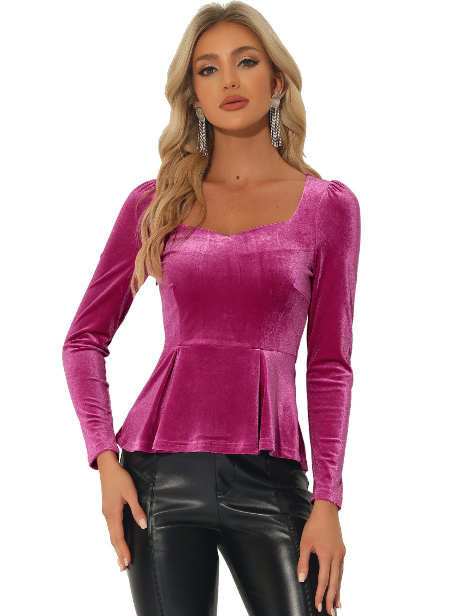 Velvet Blouse Elegant Sweetheart Neck Long Sleeve Peplum Top