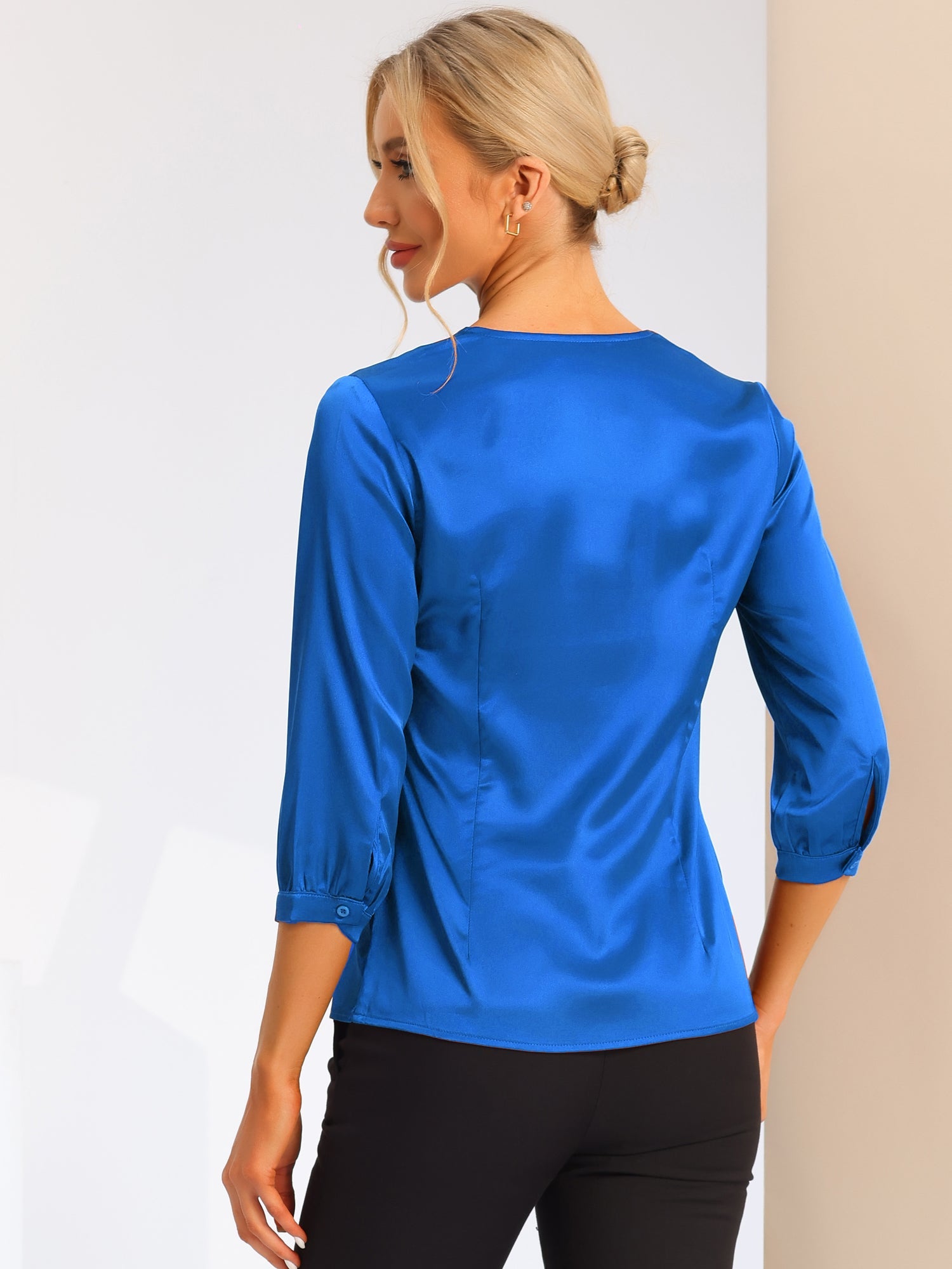 Casual Office Blouse 3/4 Sleeve V Neck Satin Shirt