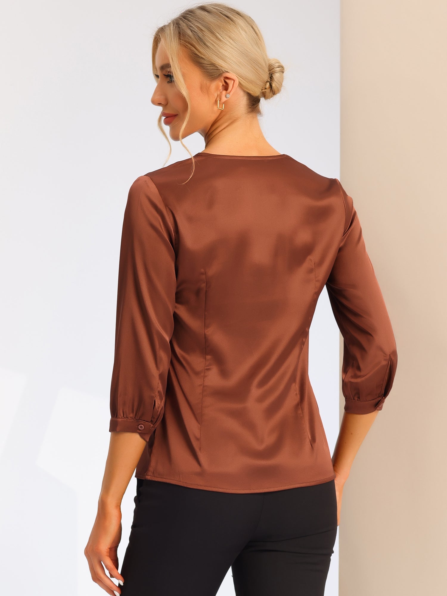 Casual Office Blouse 3/4 Sleeve V Neck Satin Shirt