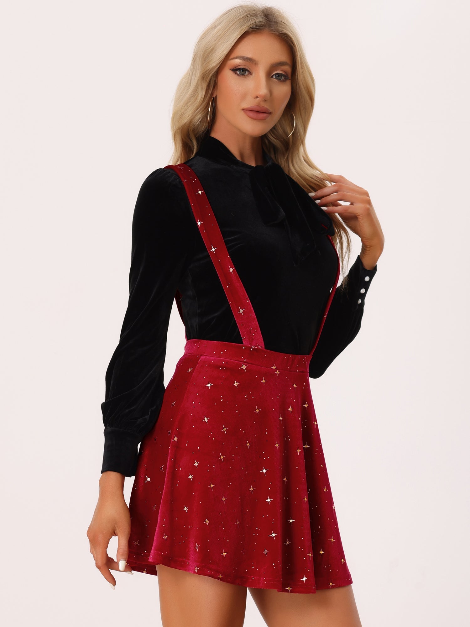 Stars Velvet High Waist Mini Pinafore Overall Suspender Skirt