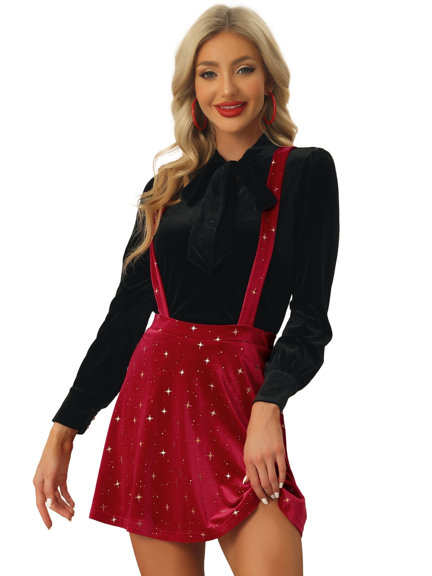 Stars Velvet High Waist Mini Pinafore Overall Suspender Skirt