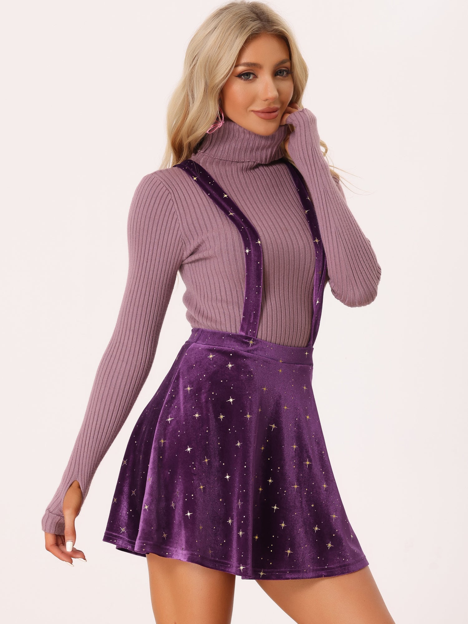 Stars Velvet High Waist Mini Pinafore Overall Suspender Skirt