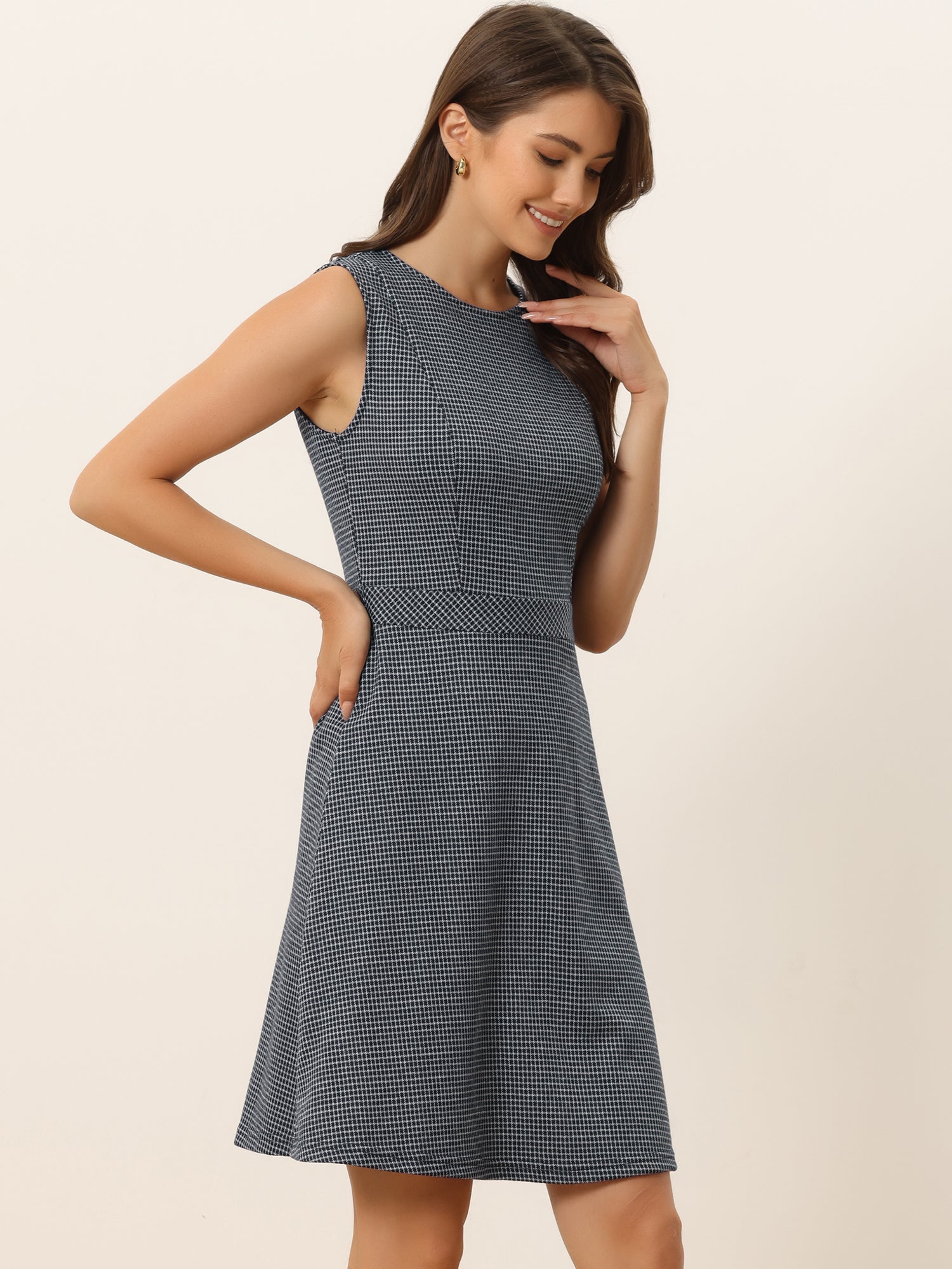 Plaid Sleeveless Fit and Flare Houndstooth Work Dress
