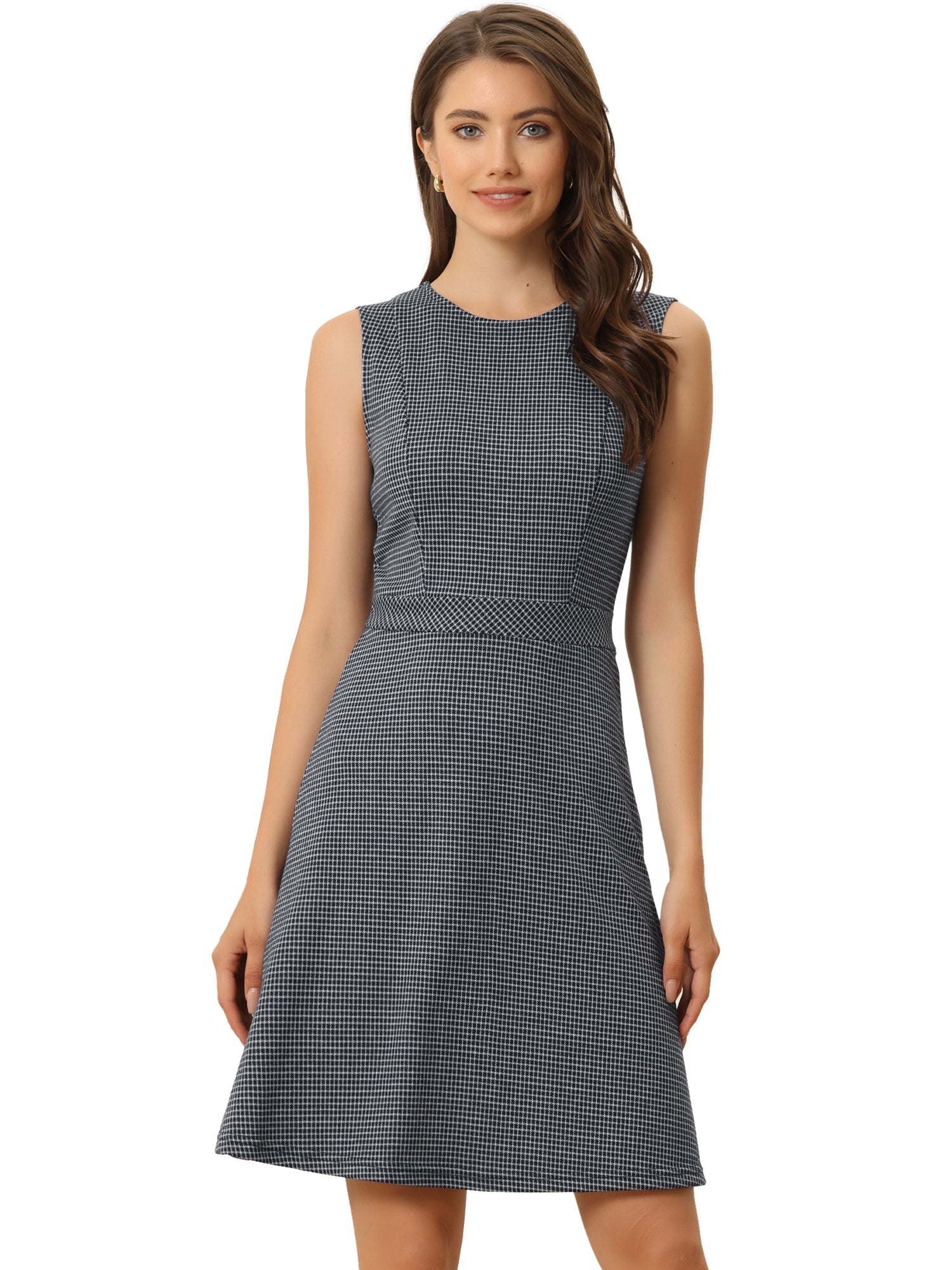 Plaid Sleeveless Fit and Flare Houndstooth Work Dress