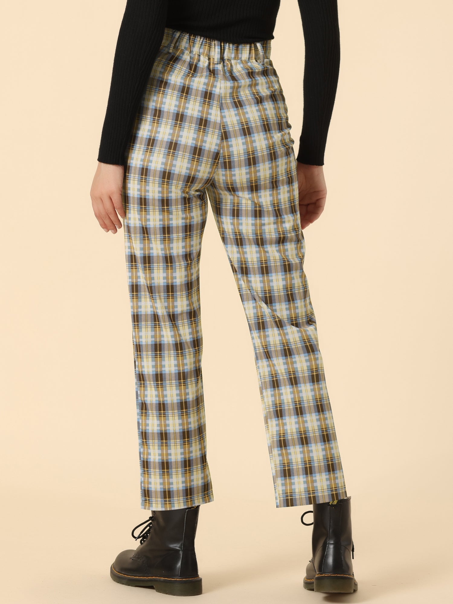 Plaid Cropped Trousers Button Casual Tartan Check Work Pants
