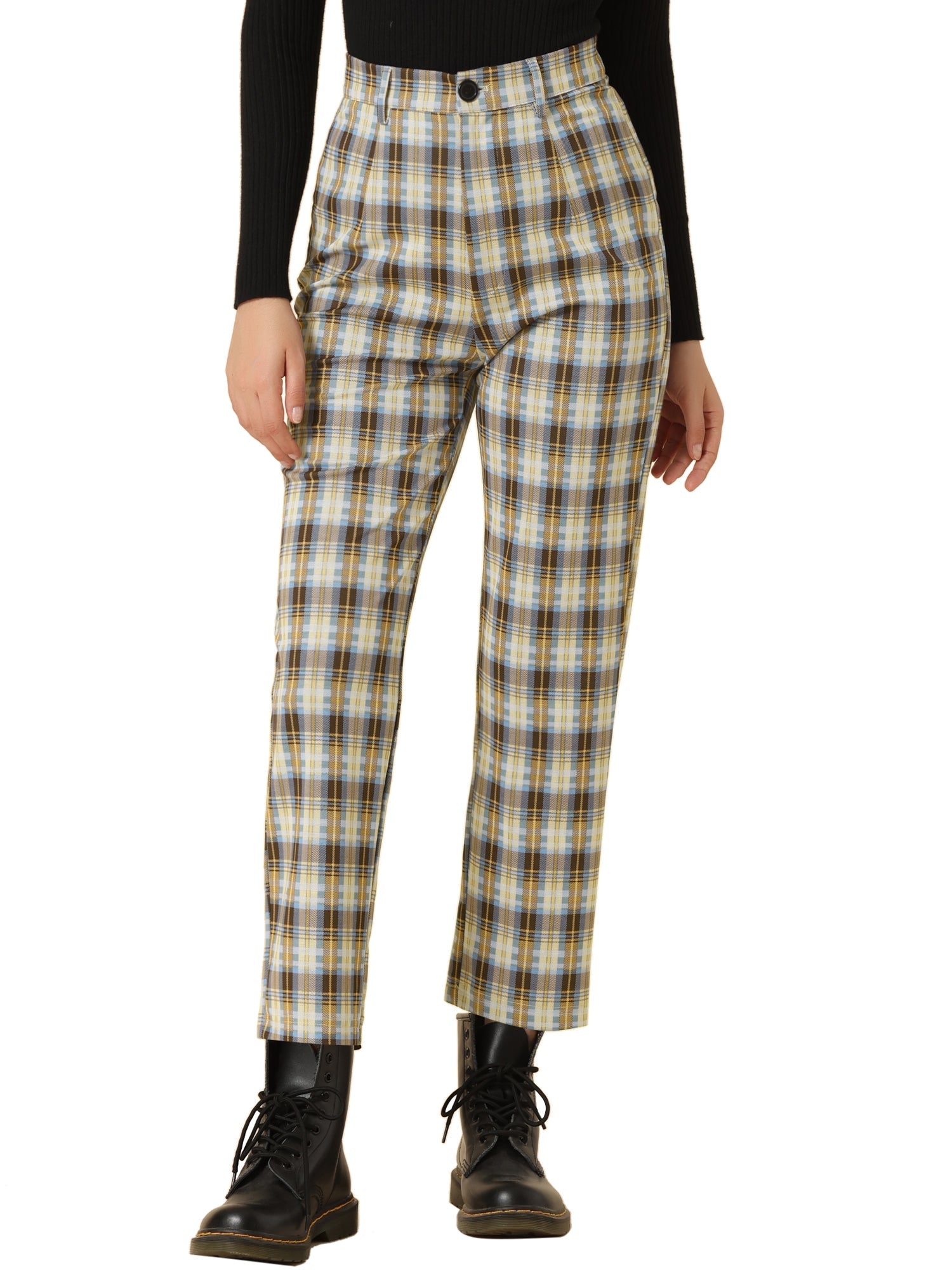 Plaid Cropped Trousers Button Casual Tartan Check Work Pants