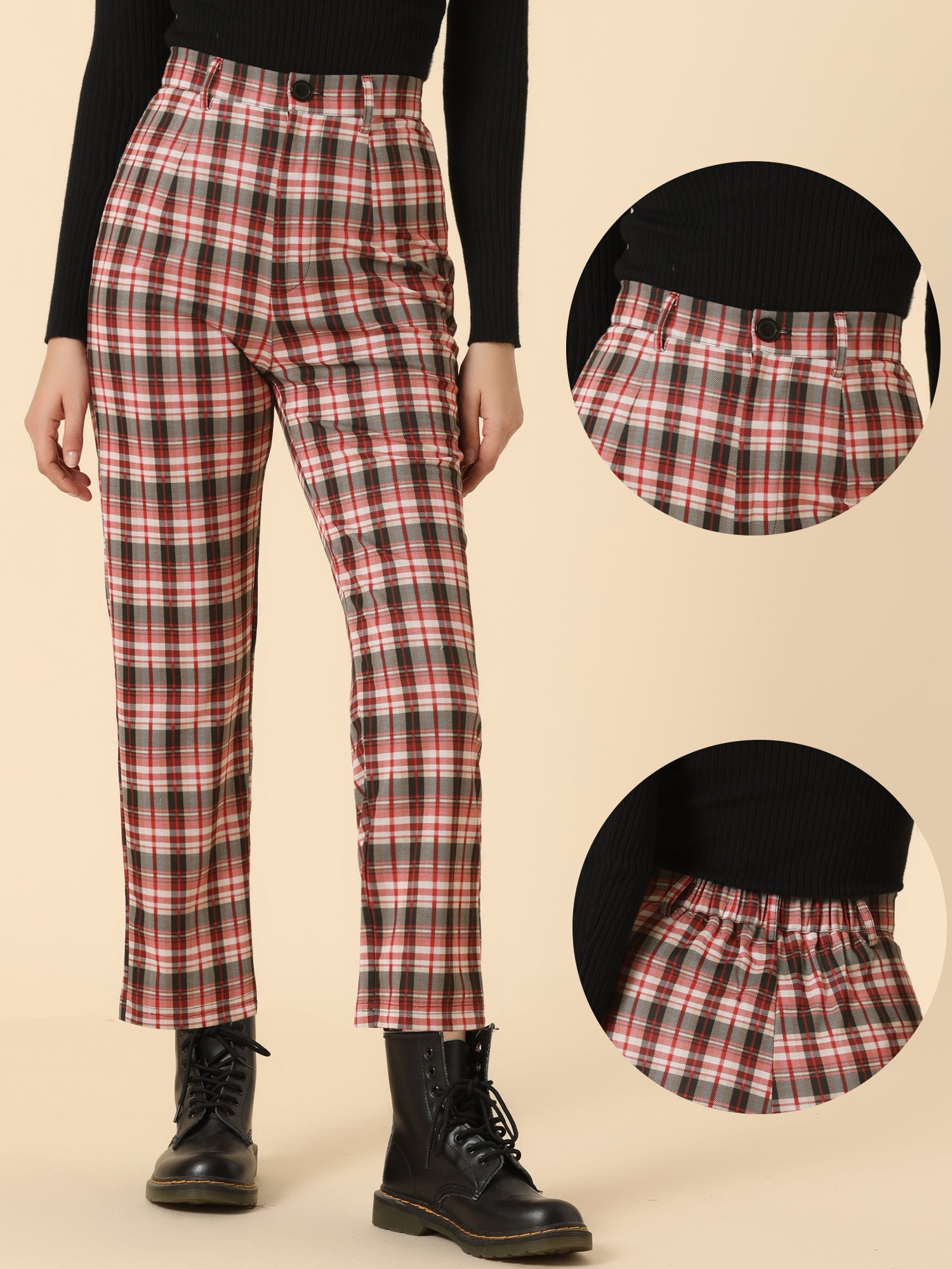 Plaid Cropped Trousers Button Casual Tartan Check Work Pants