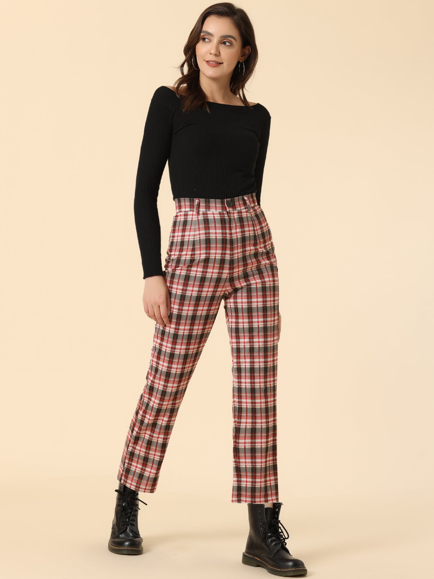 Plaid Cropped Trousers Button Casual Tartan Check Work Pants