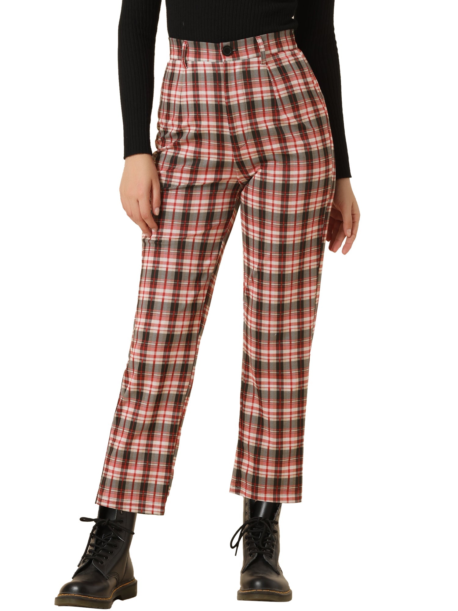 Plaid Cropped Trousers Button Casual Tartan Check Work Pants