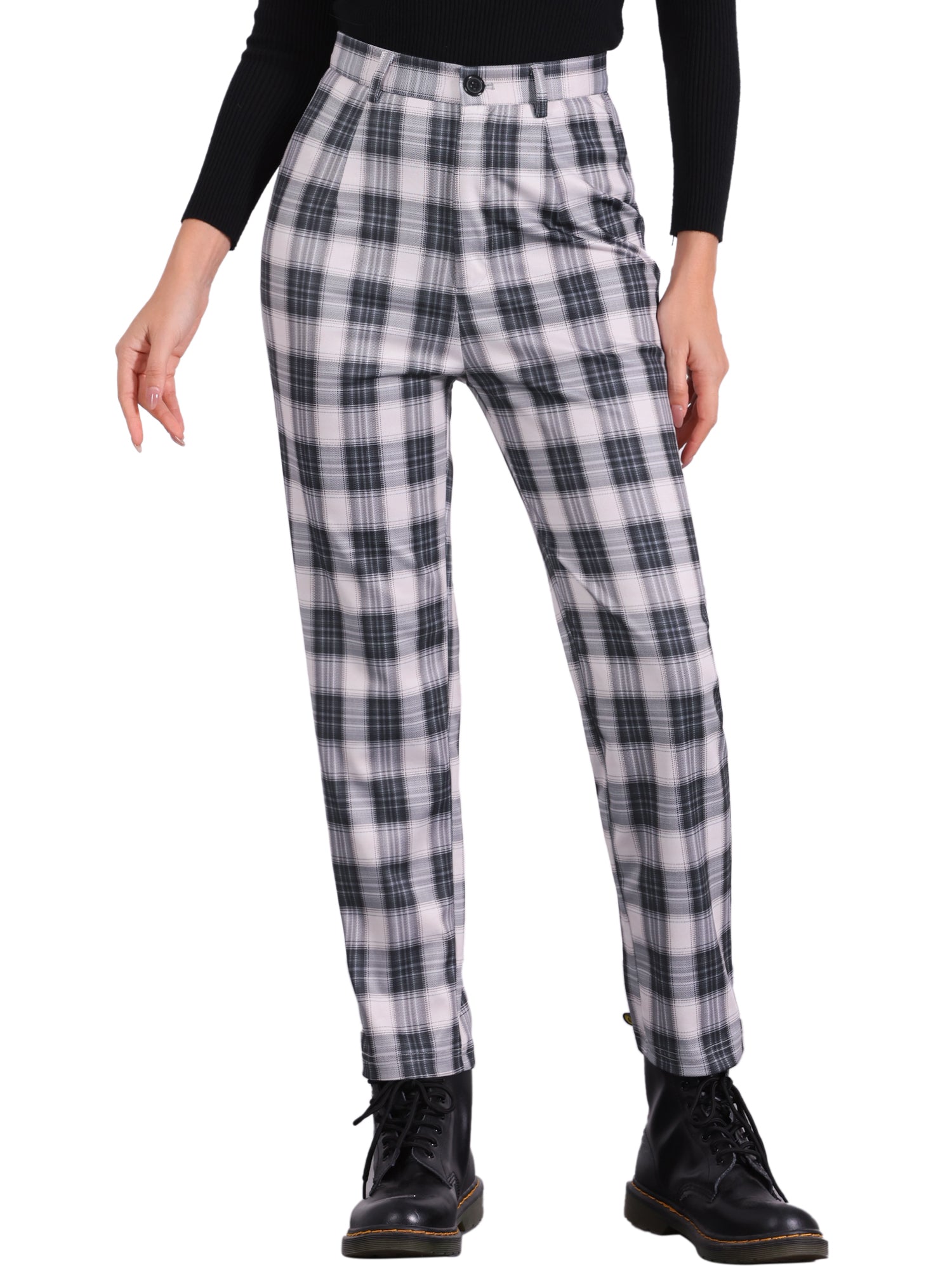 Plaid Cropped Trousers Button Casual Tartan Check Work Pants