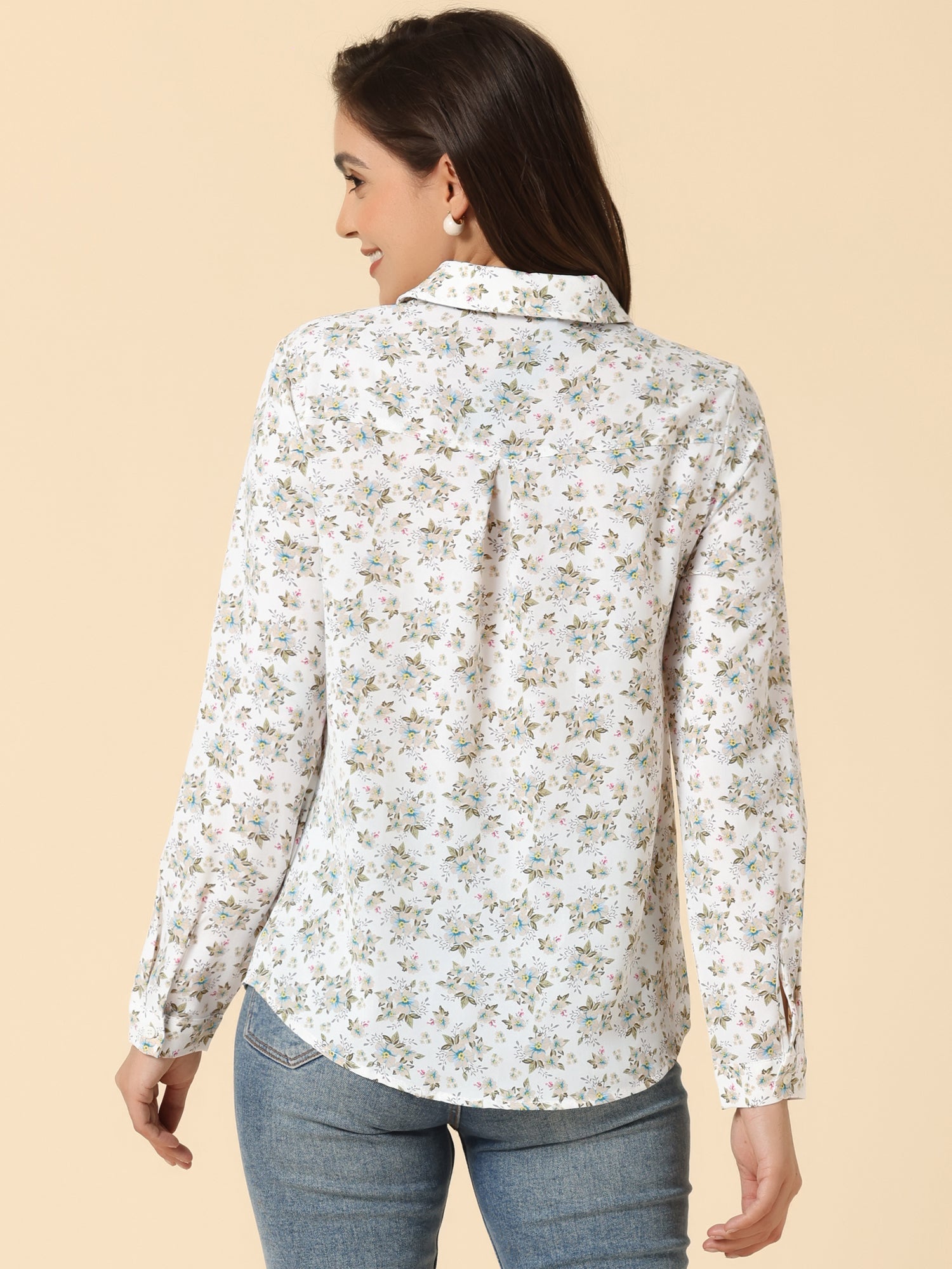 Button Down Floral Long Sleeve Point Collar Blouse