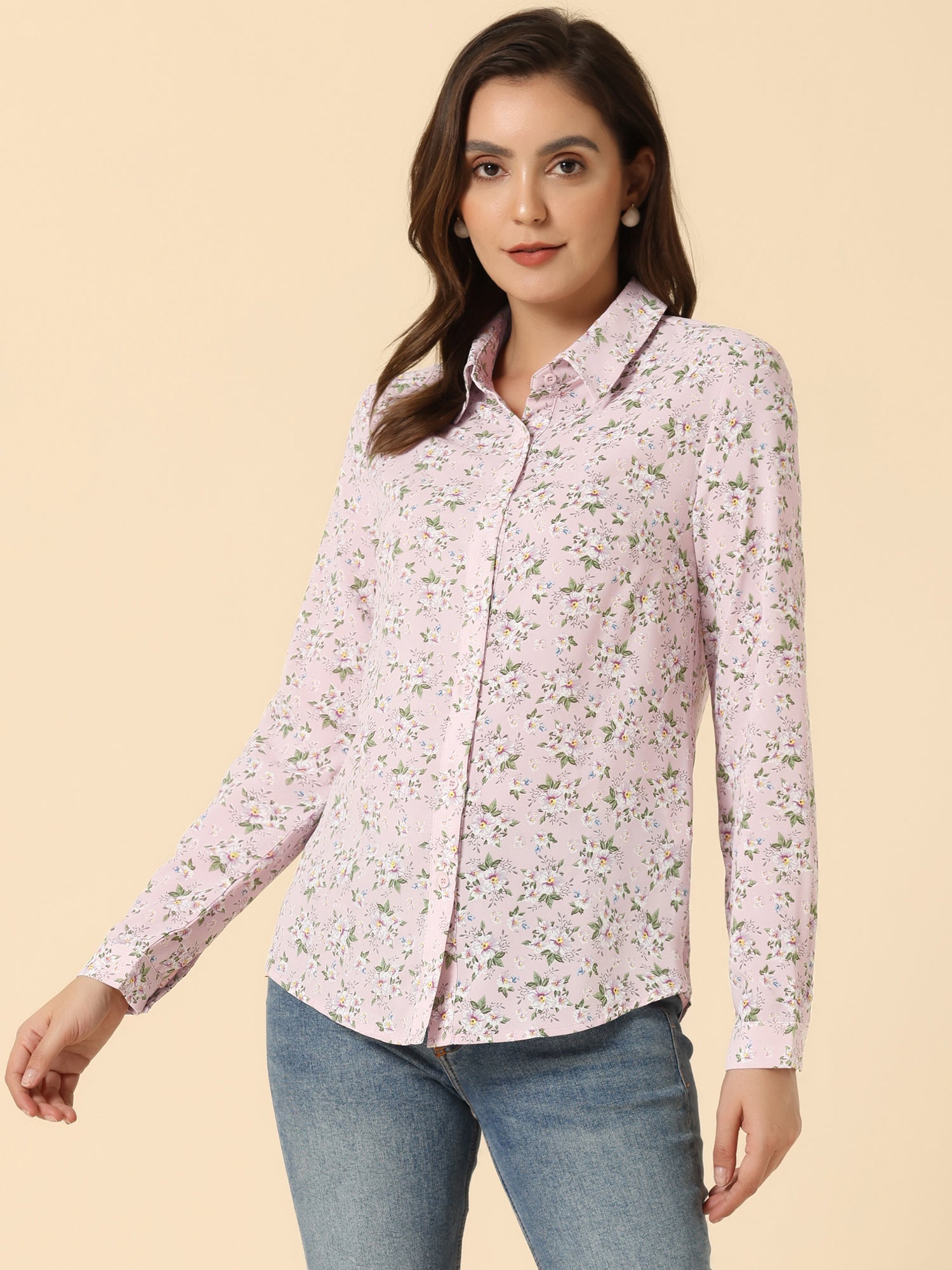 Button Down Floral Long Sleeve Point Collar Blouse