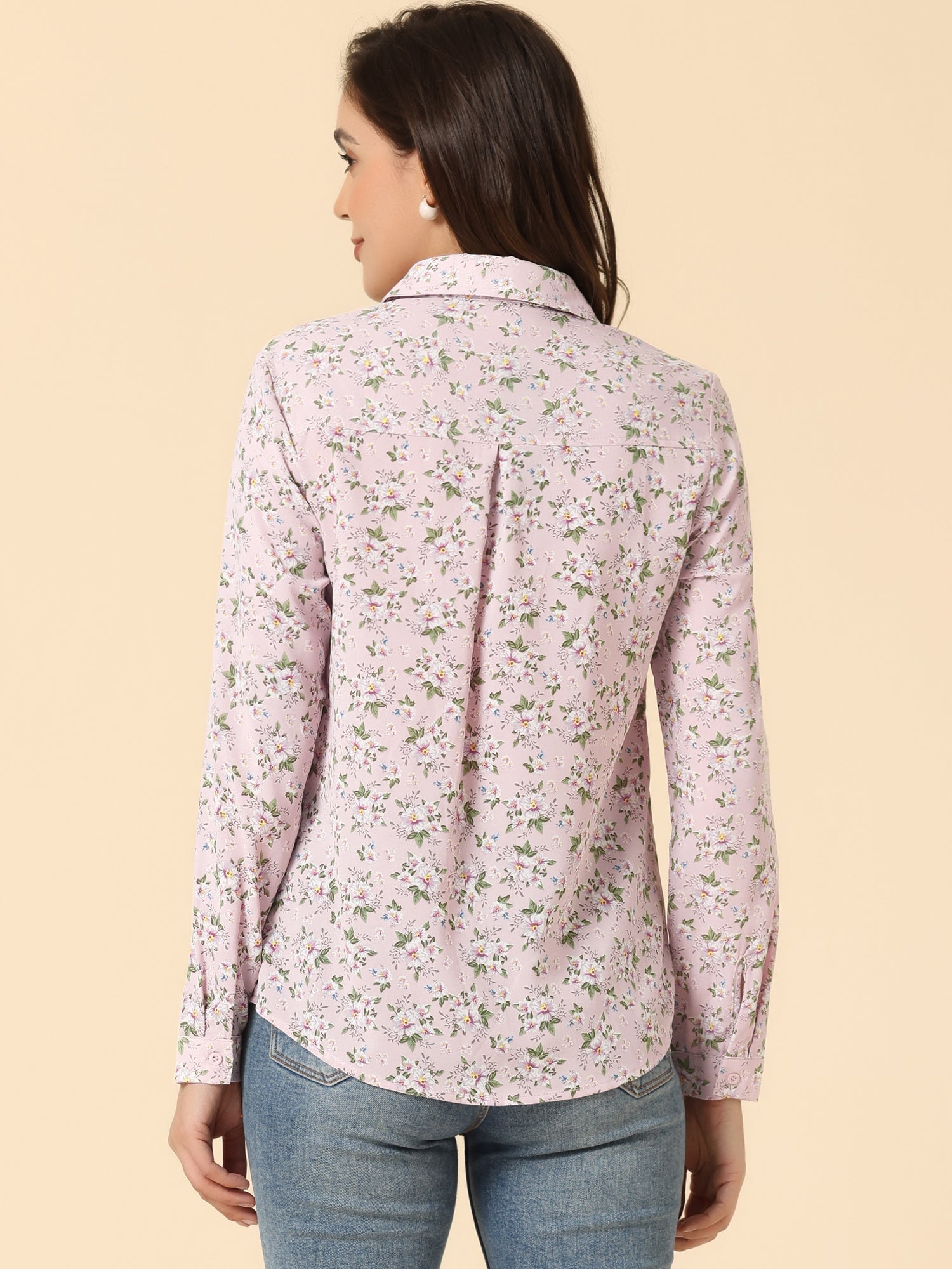 Button Down Floral Long Sleeve Point Collar Blouse
