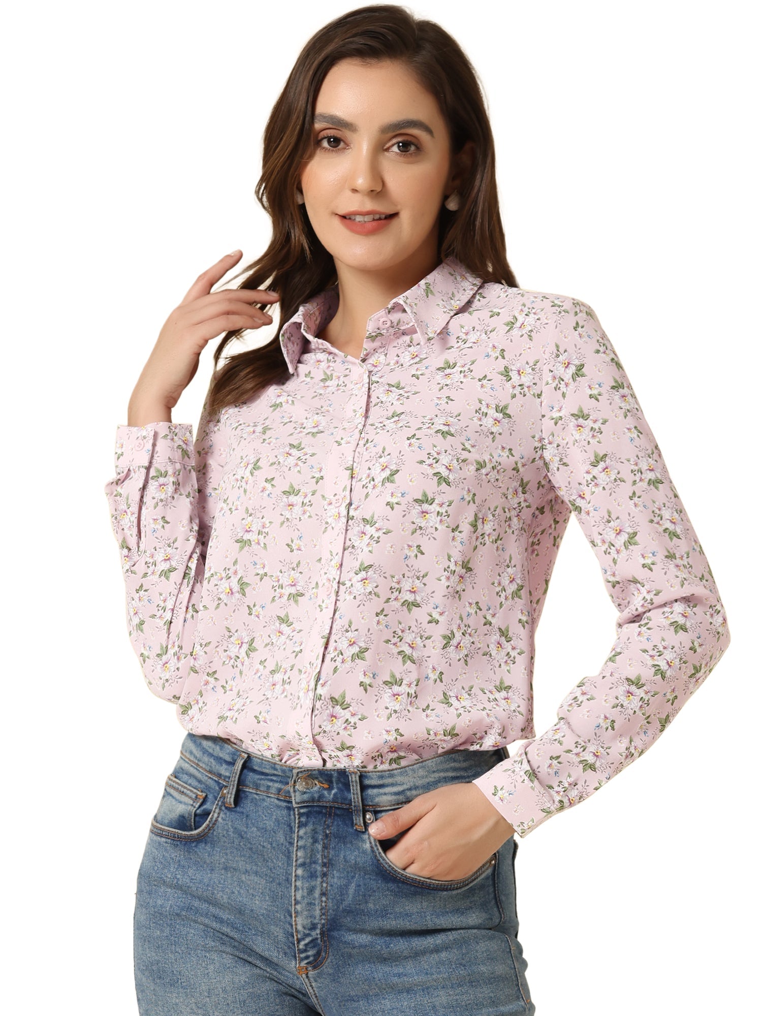 Button Down Floral Long Sleeve Point Collar Blouse
