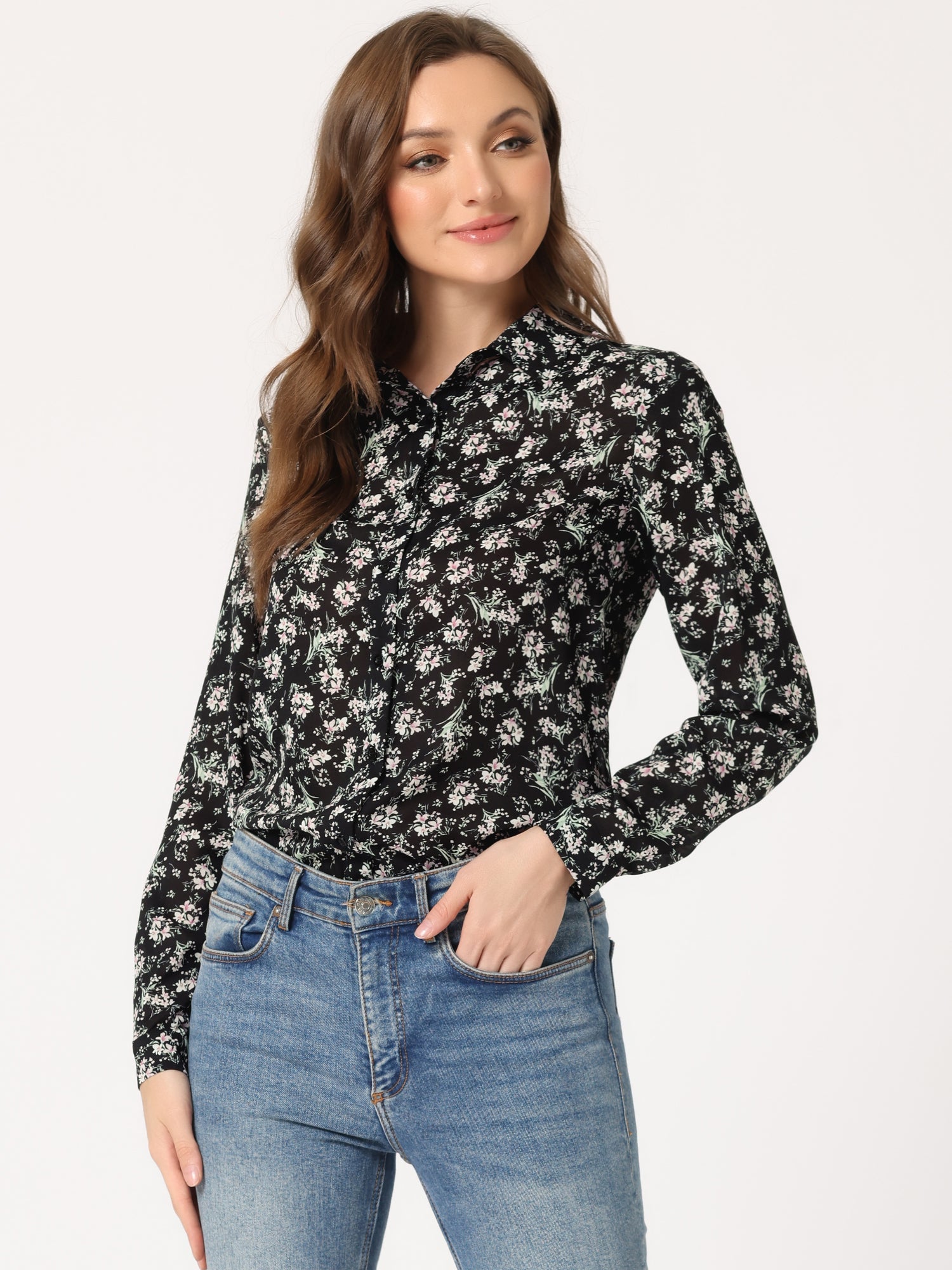 Button Down Floral Long Sleeve Point Collar Blouse