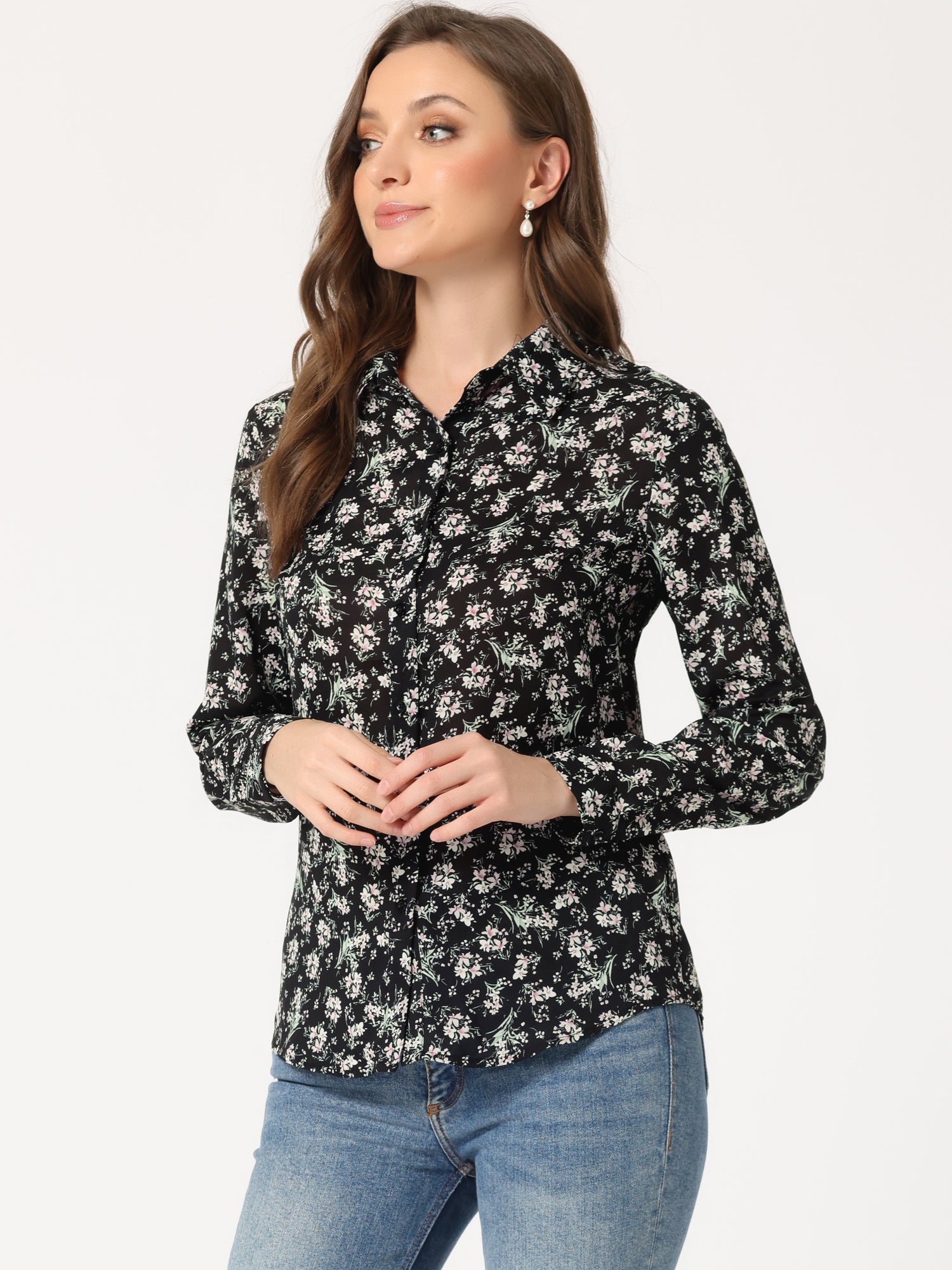 Button Down Floral Long Sleeve Point Collar Blouse