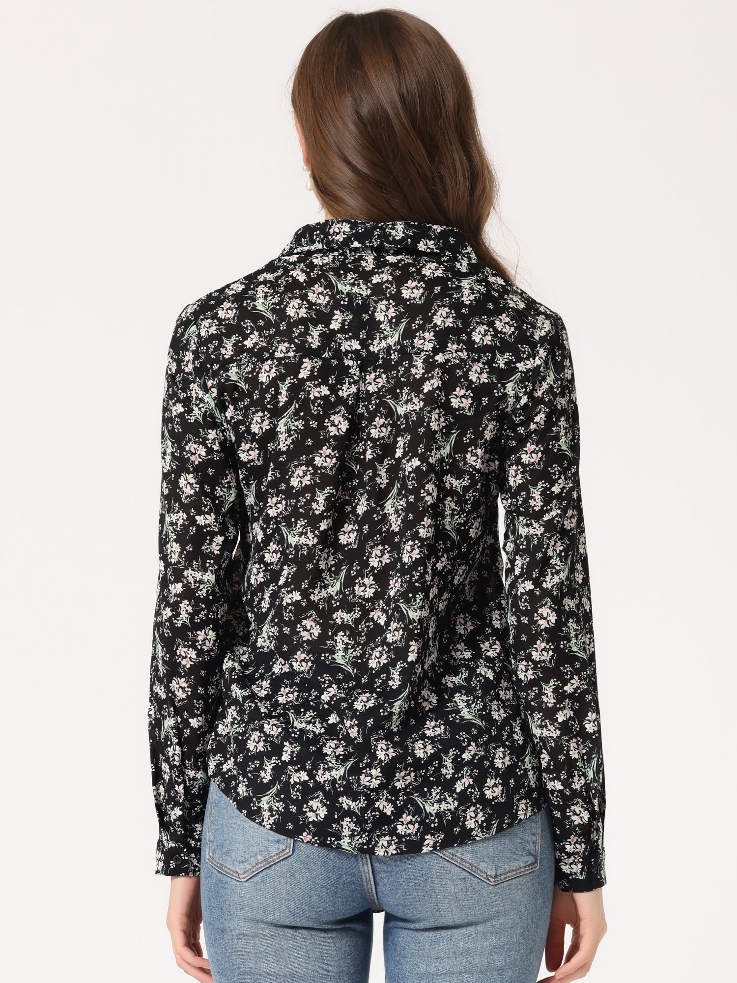 Button Down Floral Long Sleeve Point Collar Blouse