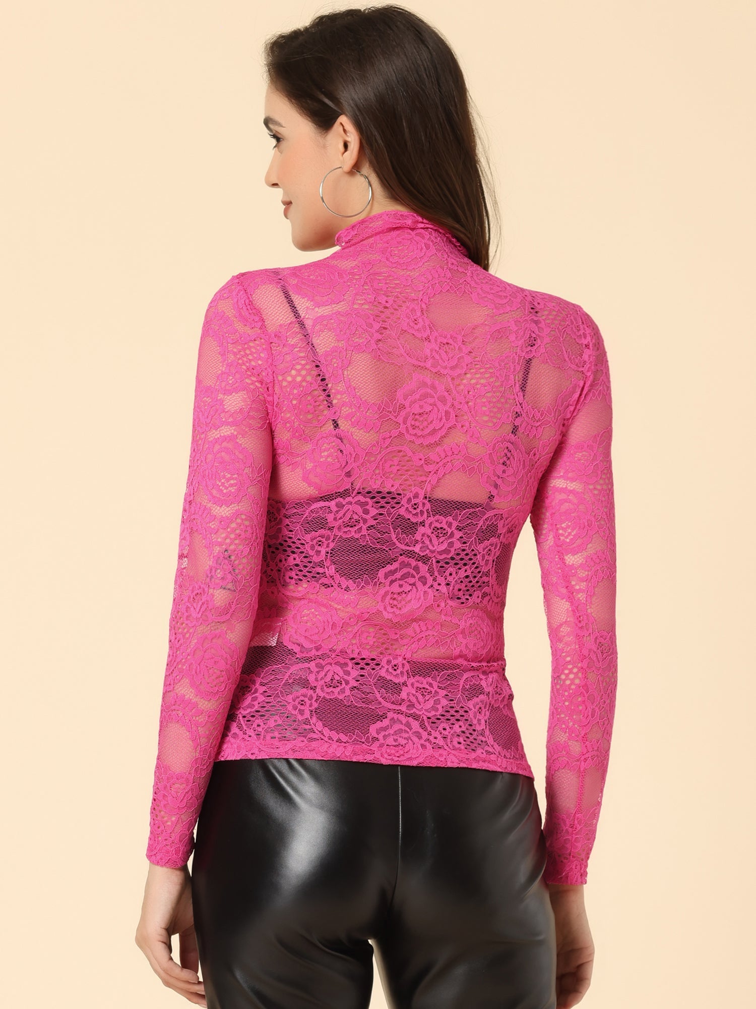 See Through Long Sleeve Turtleneck Sheer Floral Lace Blouse