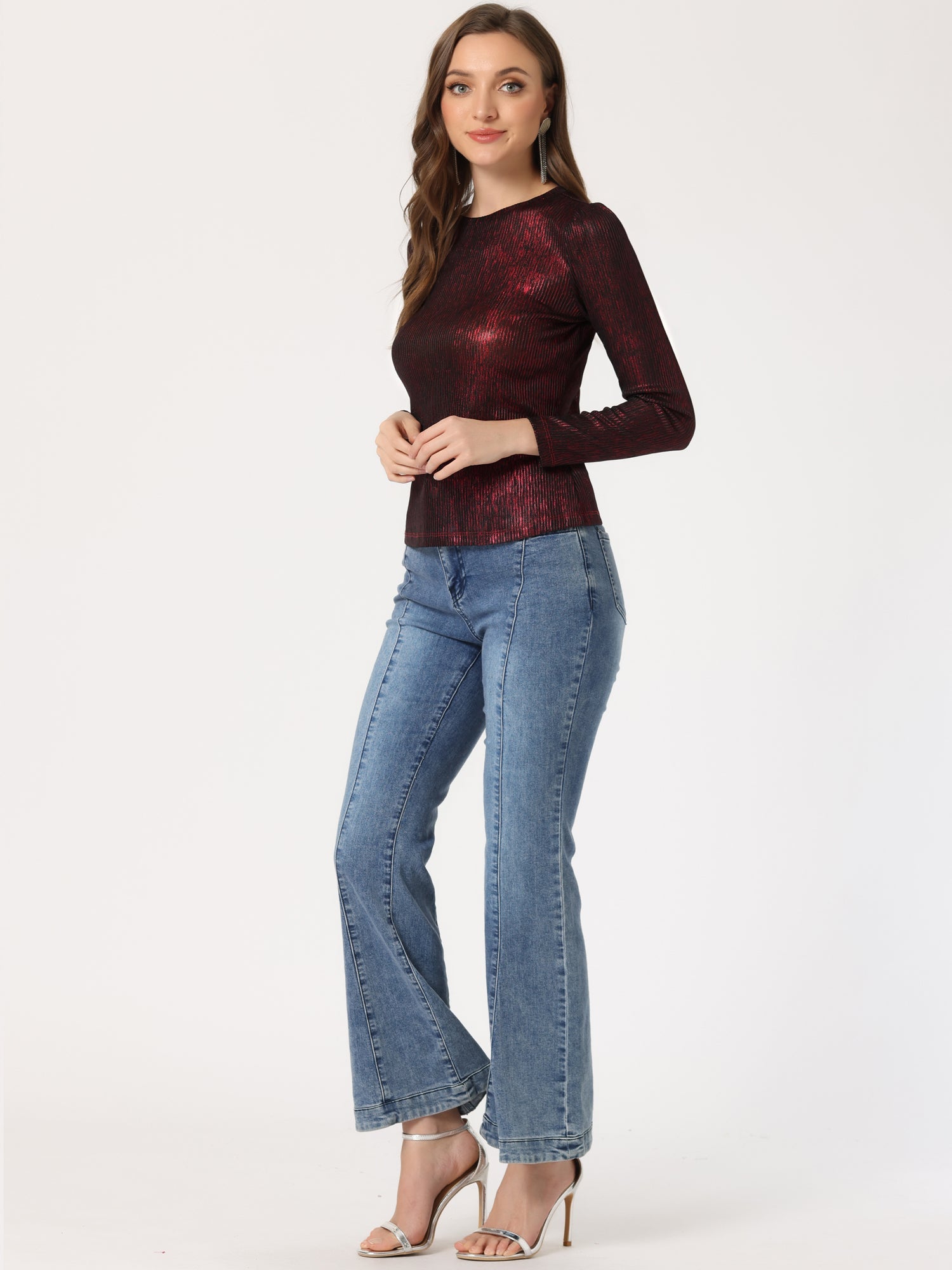 Metallic Glitter Shiny Long Sleeve Sparkly Party Blouse