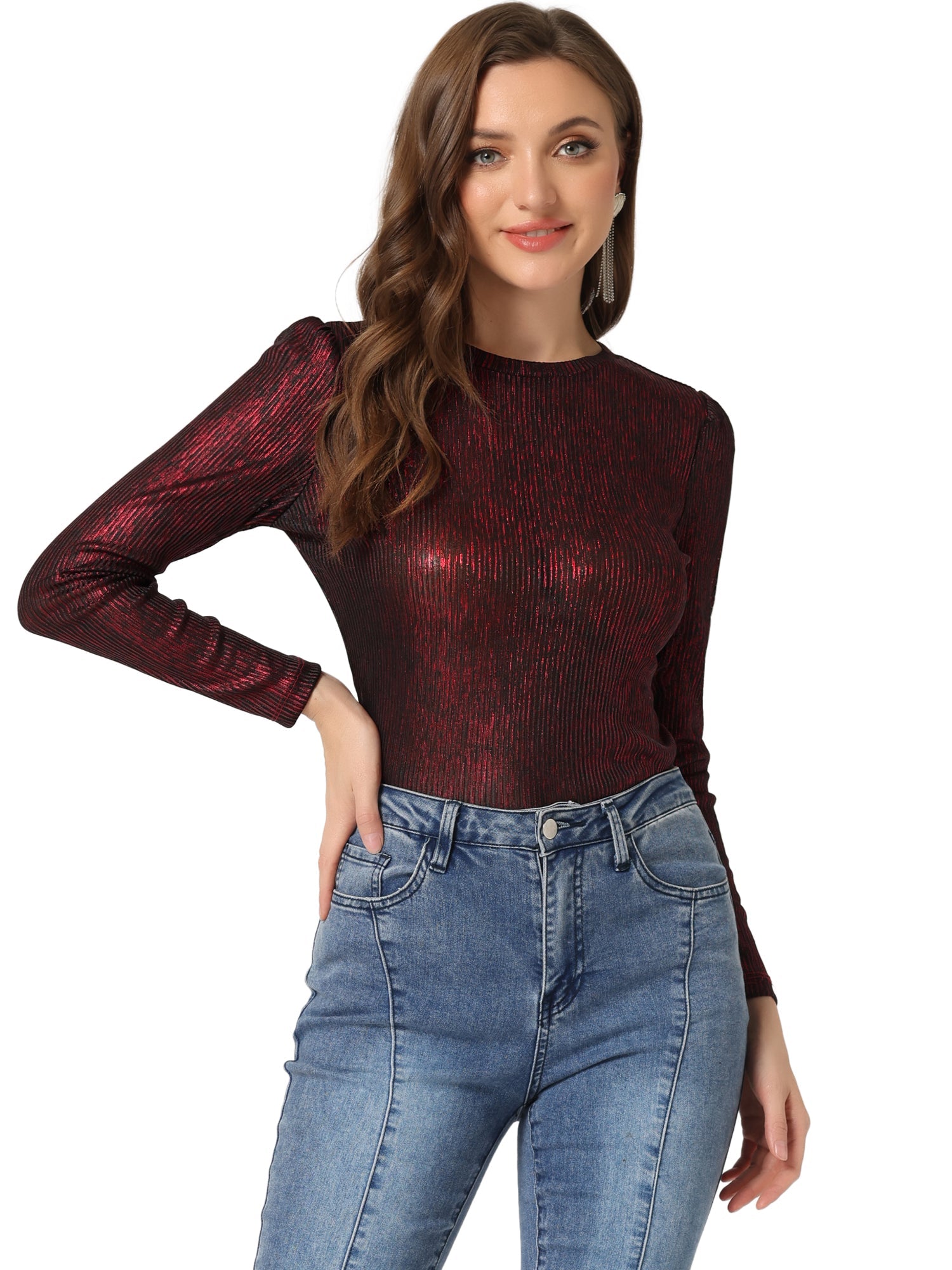 Metallic Glitter Shiny Long Sleeve Sparkly Party Blouse