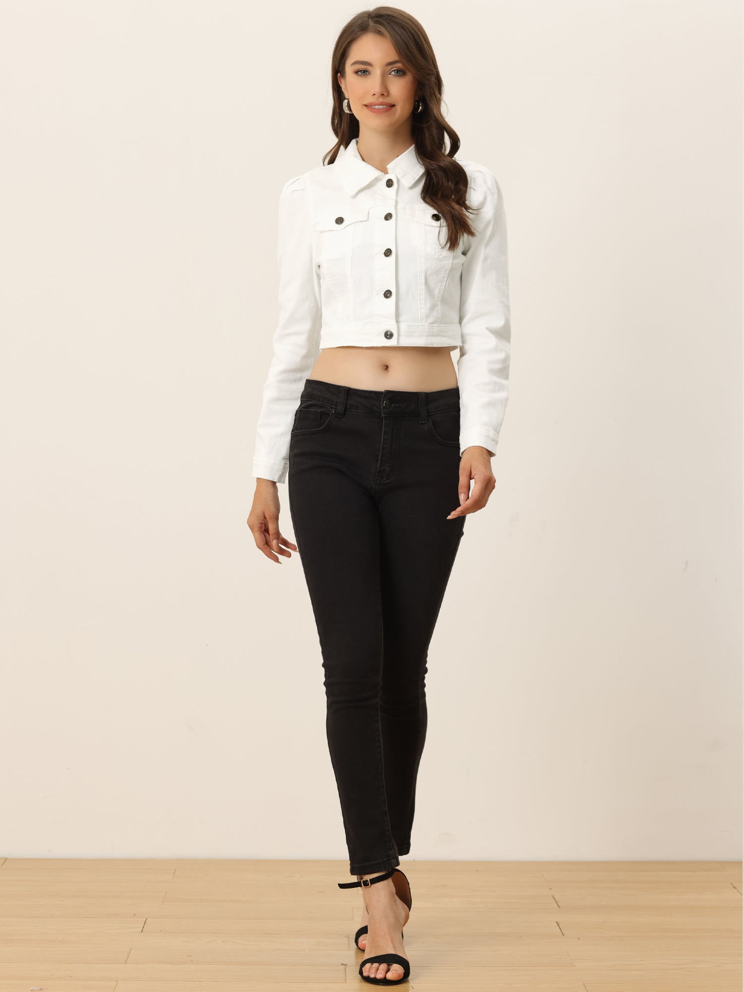 Lightweight Button Down Puff Sleeve Cropped Denim Jacket