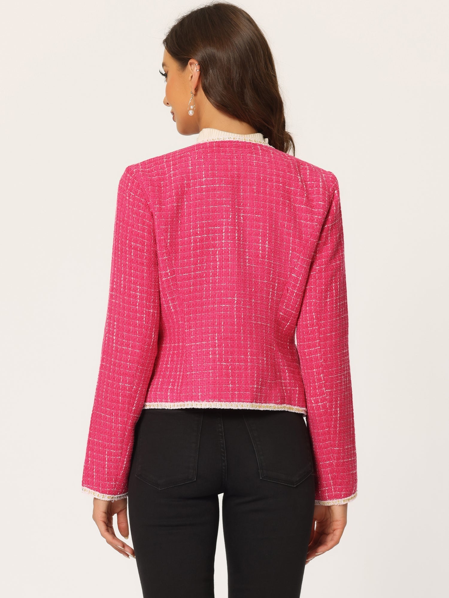 Plaid Tweed Long Sleeve Open Front Work Office Cropped Jacket Blazer