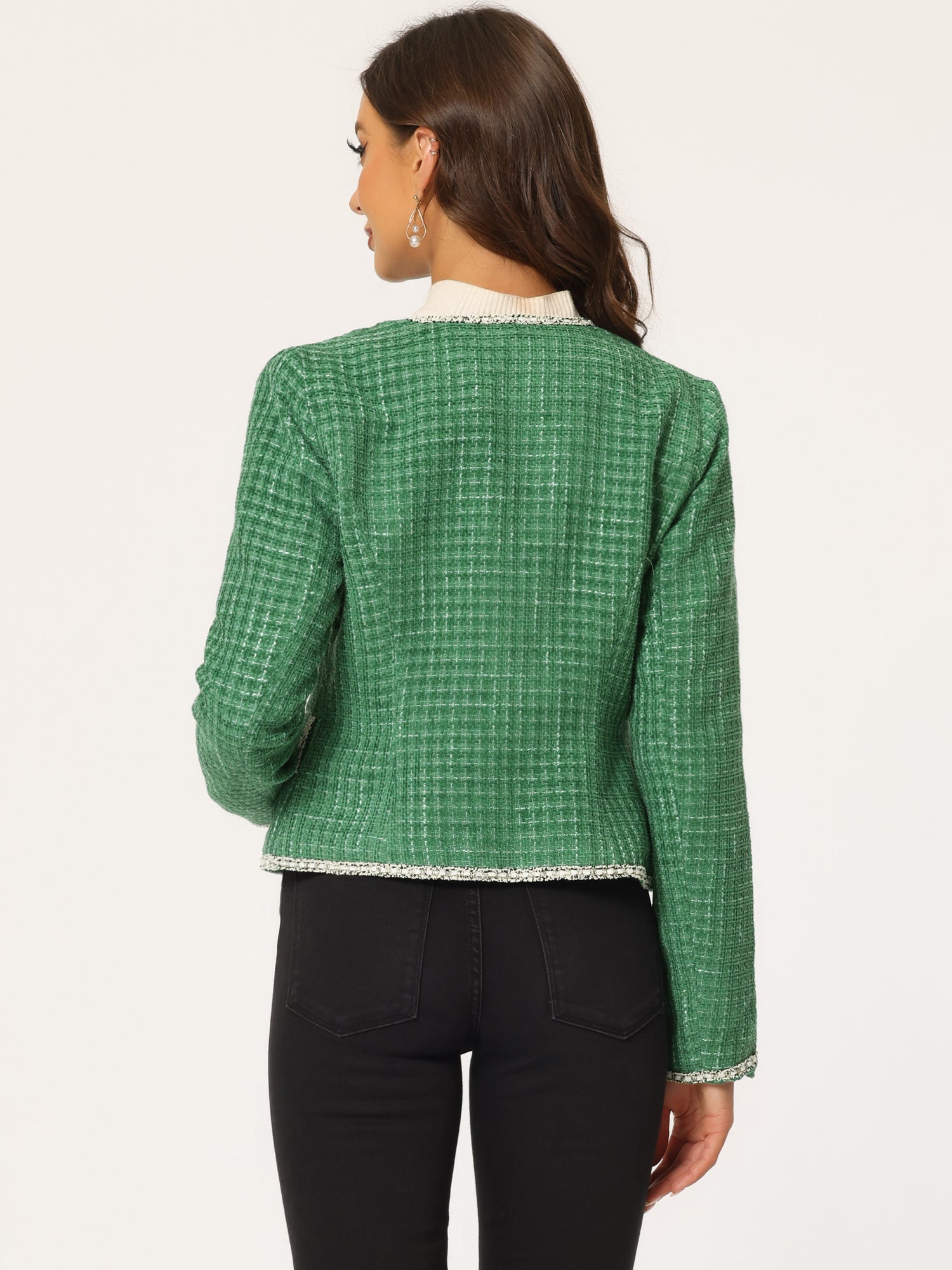 Plaid Tweed Long Sleeve Open Front Work Office Cropped Jacket Blazer