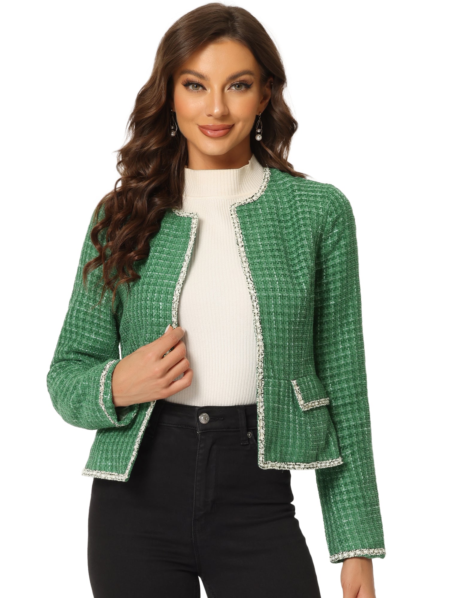 Plaid Tweed Long Sleeve Open Front Work Office Cropped Jacket Blazer