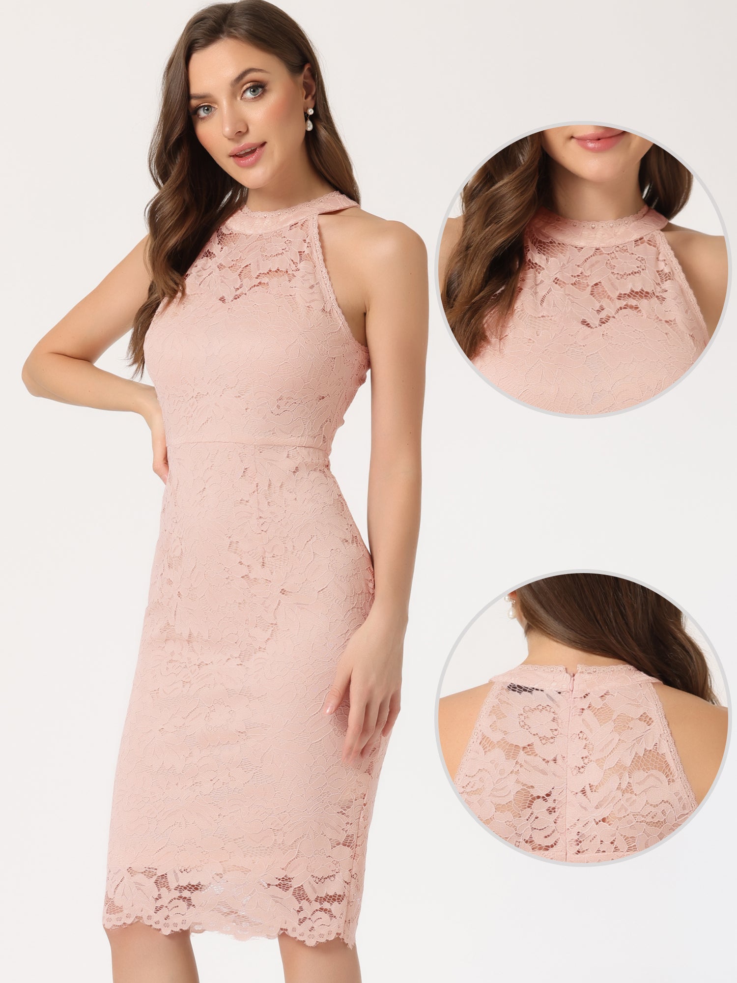 Lace Halter Elegant Sleeveless Bodycon Wedding Cocktail Sheath Dress