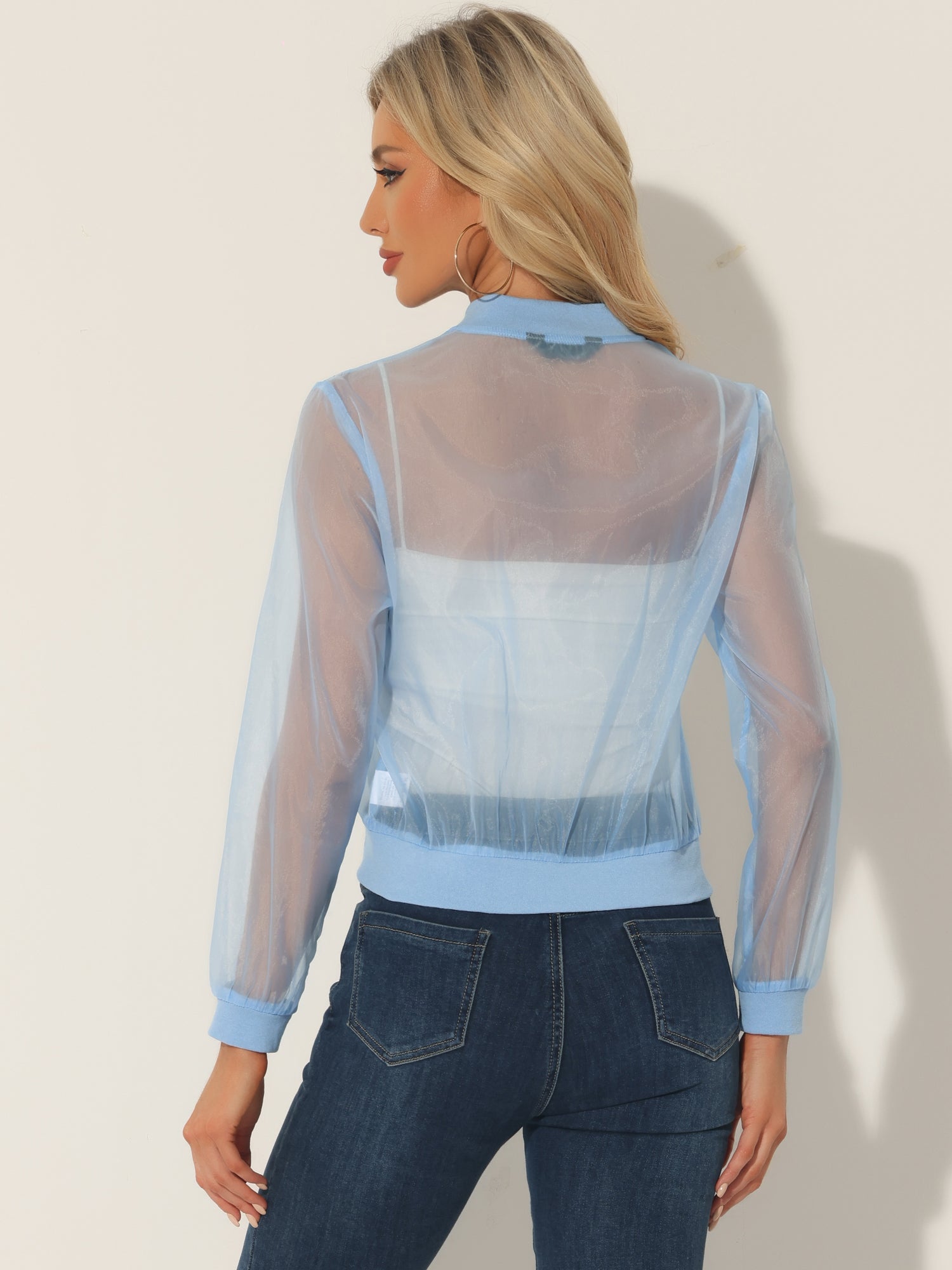 Zip Up See Through Lightweight Long Sleeve Mesh Bomber Jacket