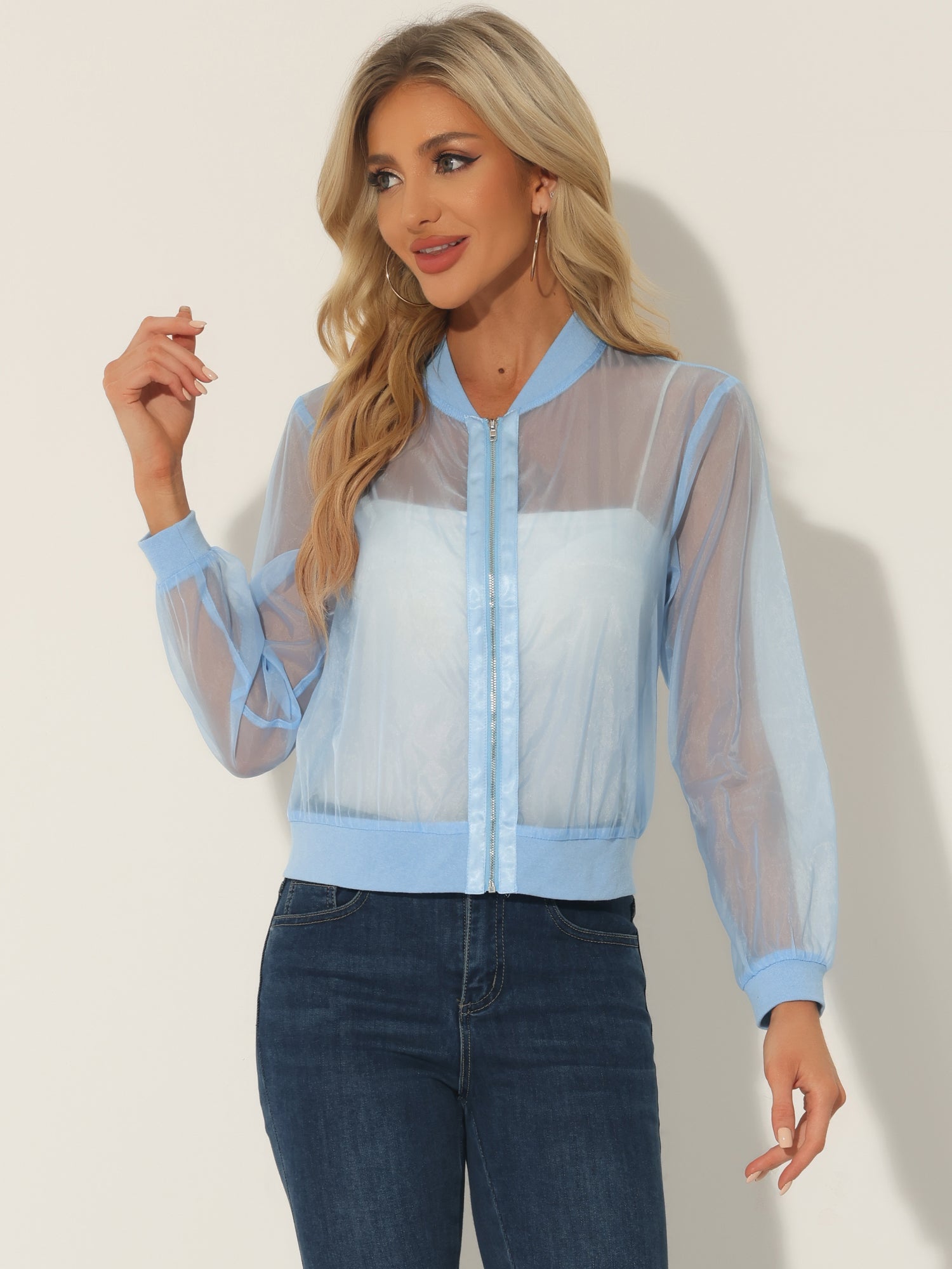 Zip Up See Through Lightweight Long Sleeve Mesh Bomber Jacket