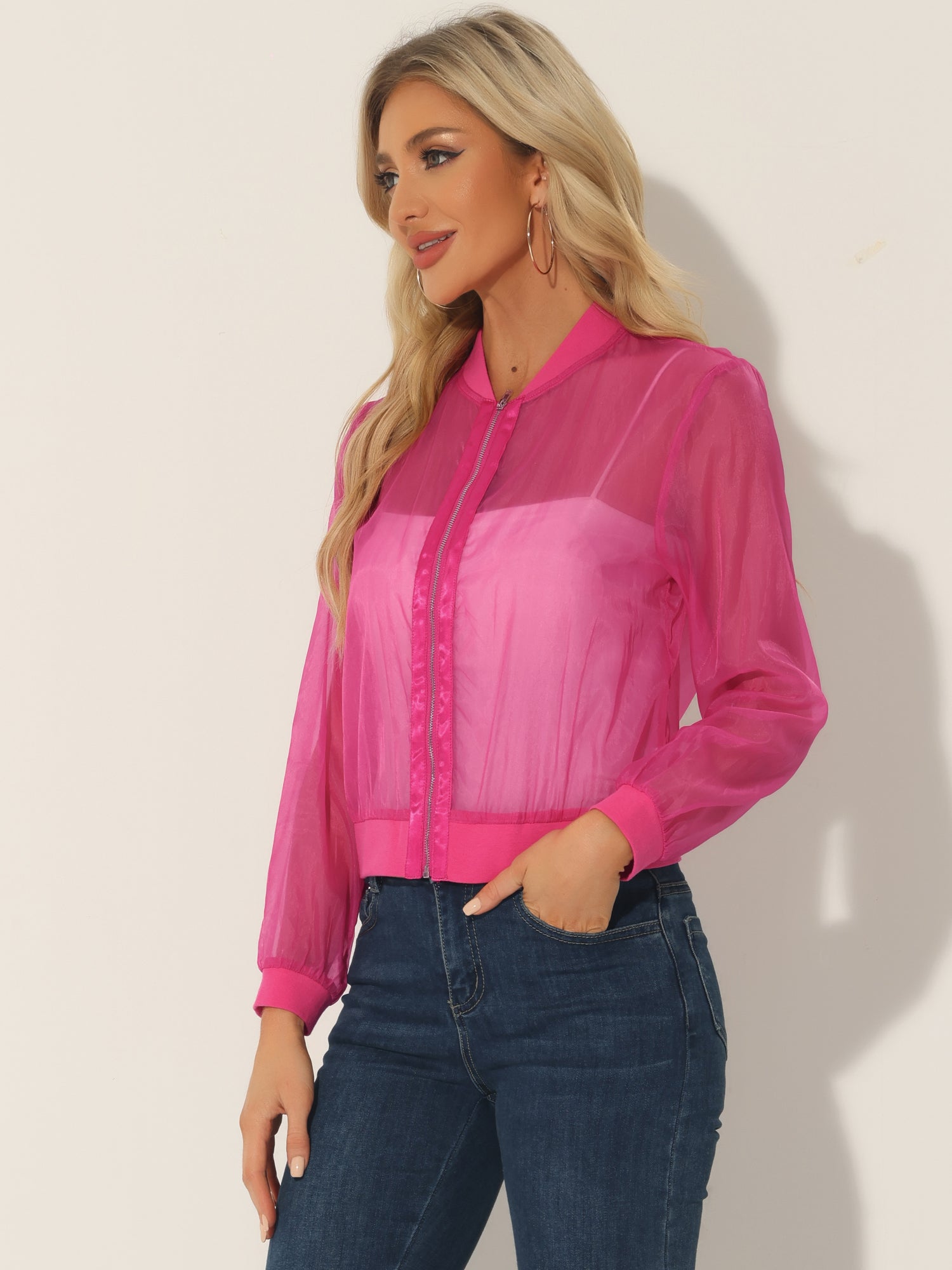 Zip Up See Through Lightweight Long Sleeve Mesh Bomber Jacket
