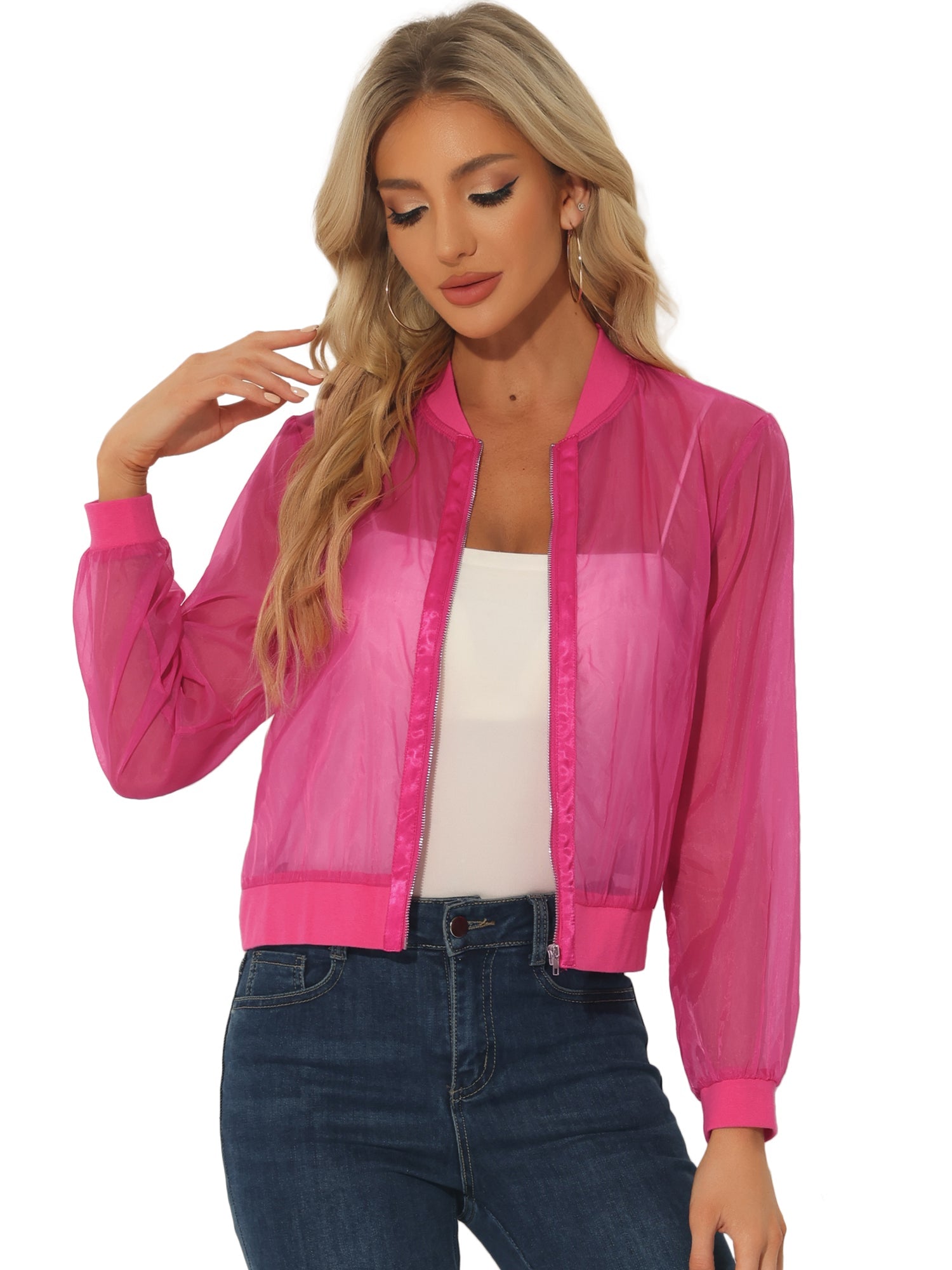Zip Up See Through Lightweight Long Sleeve Mesh Bomber Jacket