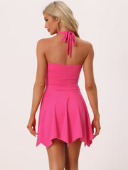 Halter Deep V Neck Sleeveless Solid Skater Mini Dress